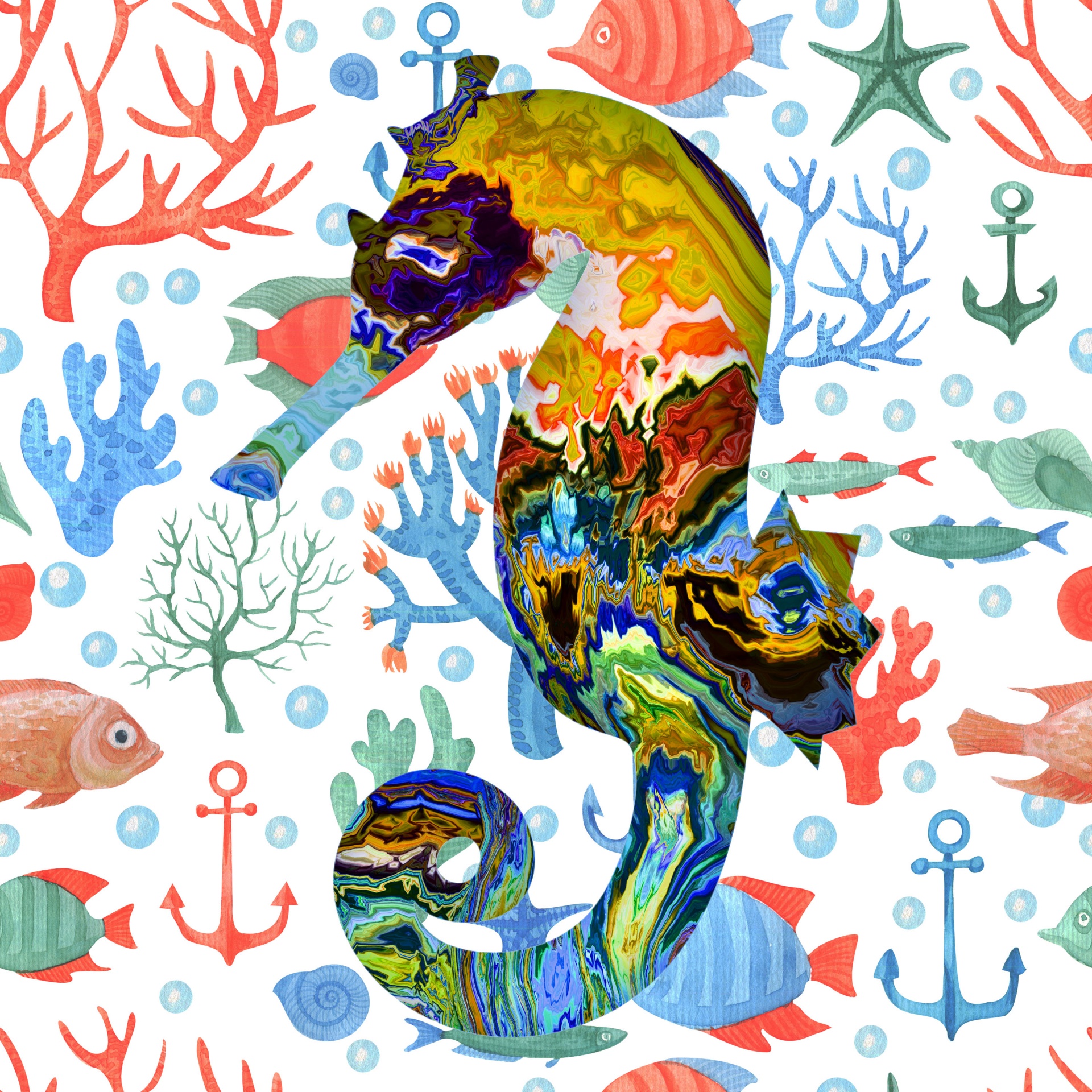 seahorse on a watercolor background of ocean life and icons