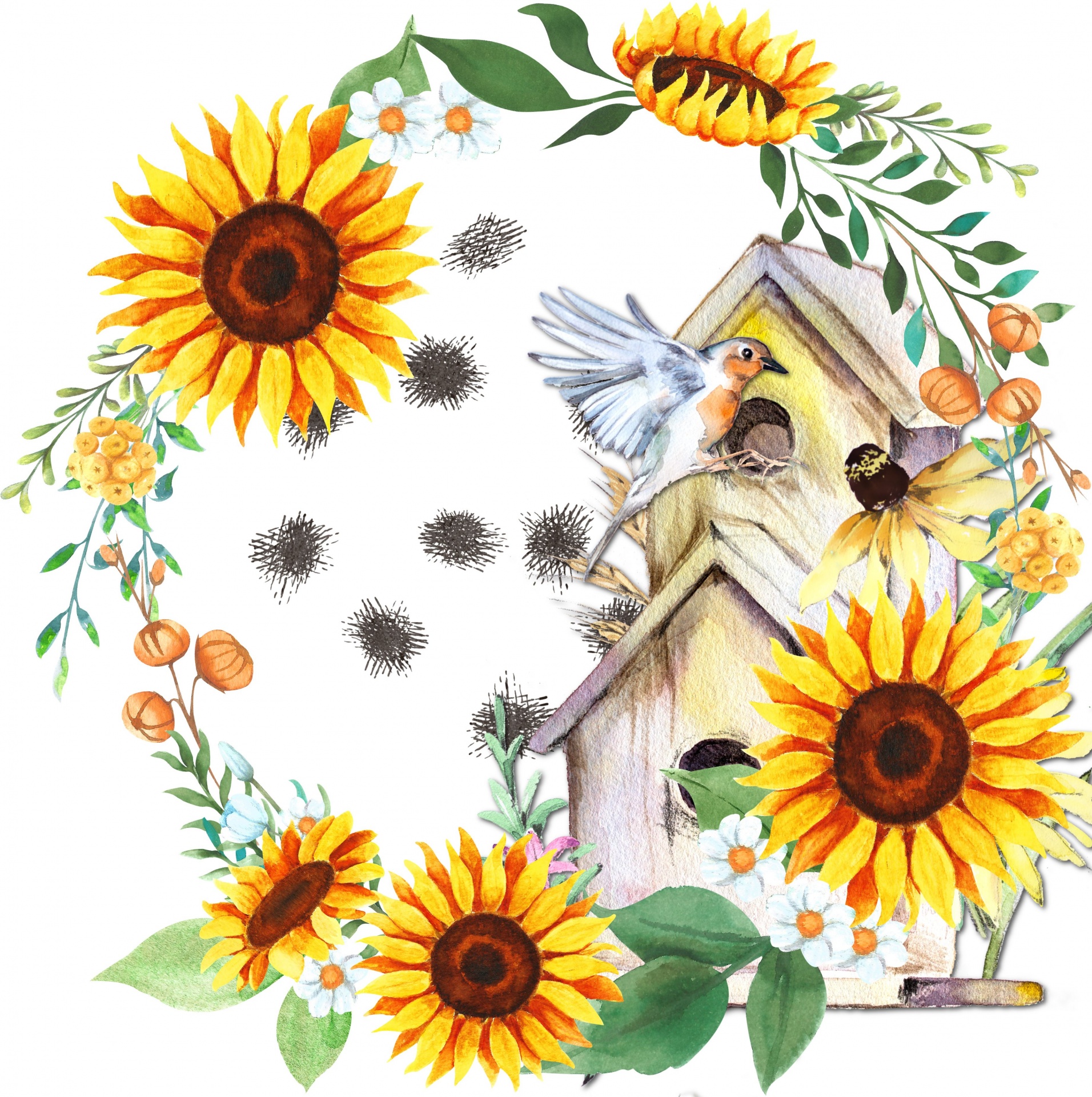 watercolor sunflower floral wreath with a bird approaching a bird house