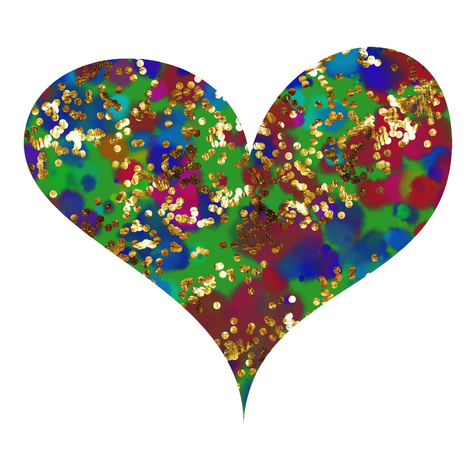 blue, green and burgundy heart with gold glitter overlay on a white background