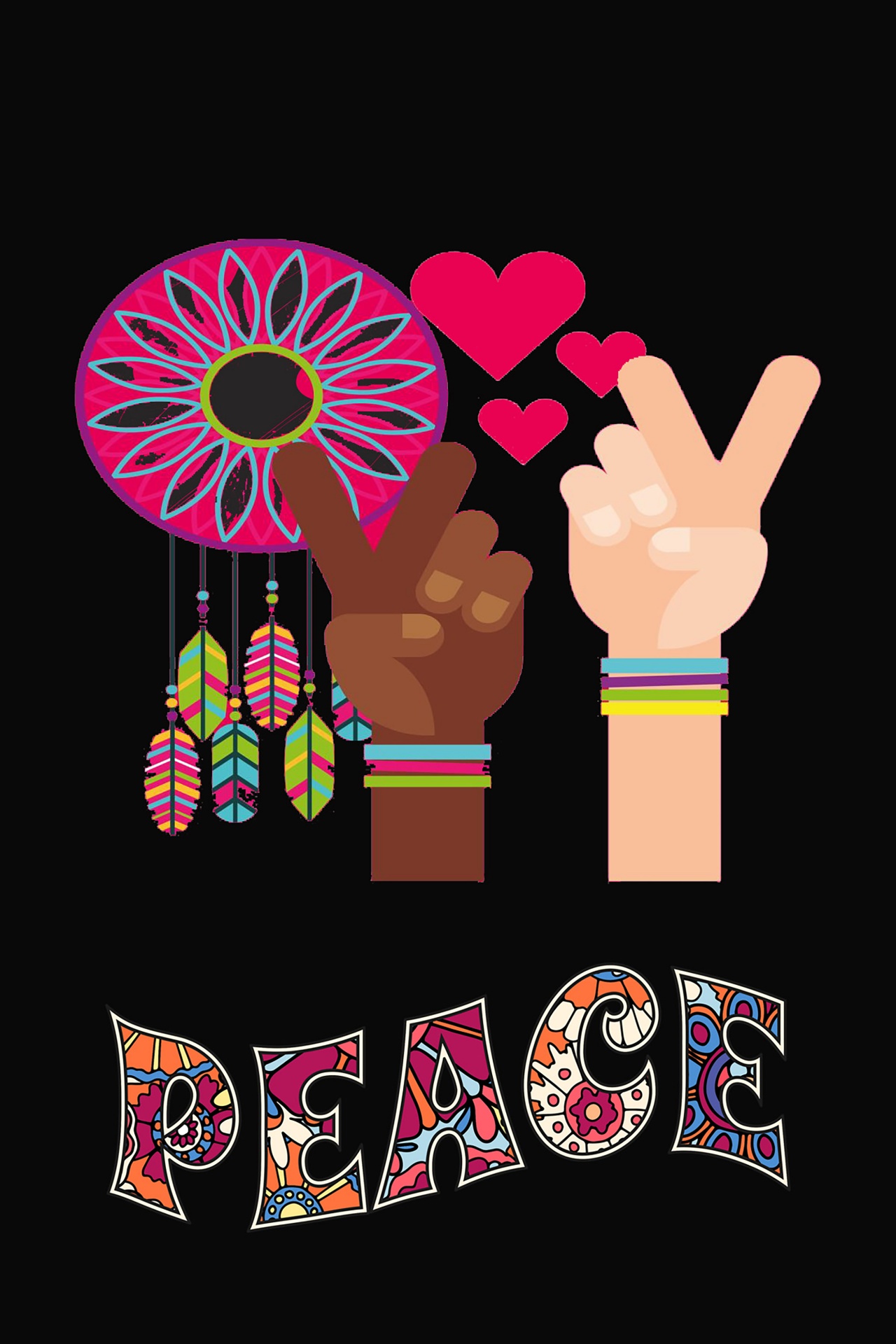 illustration of two fingered peace sign hands and PEACE word art