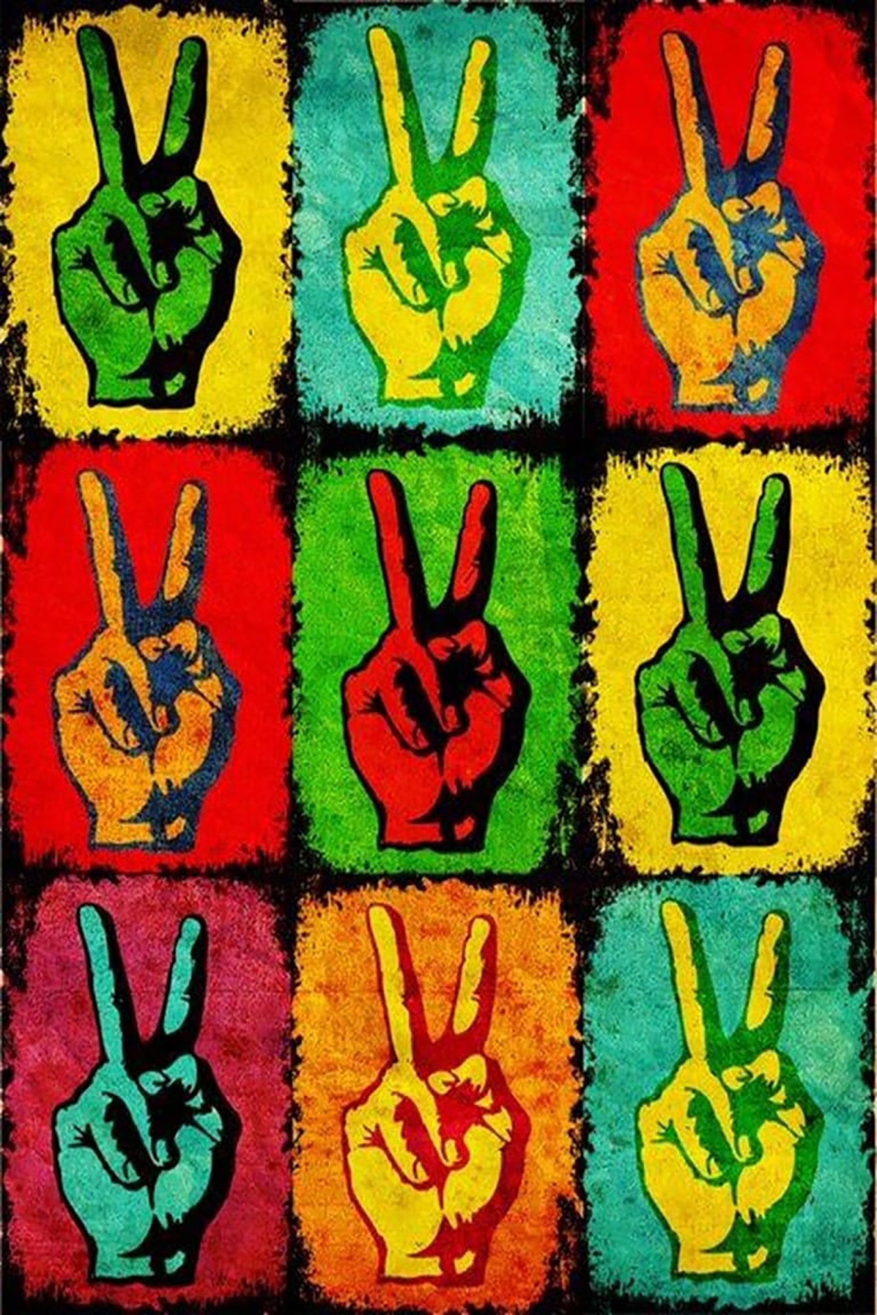 colorful grunge grid of of two fingered peace sign hands