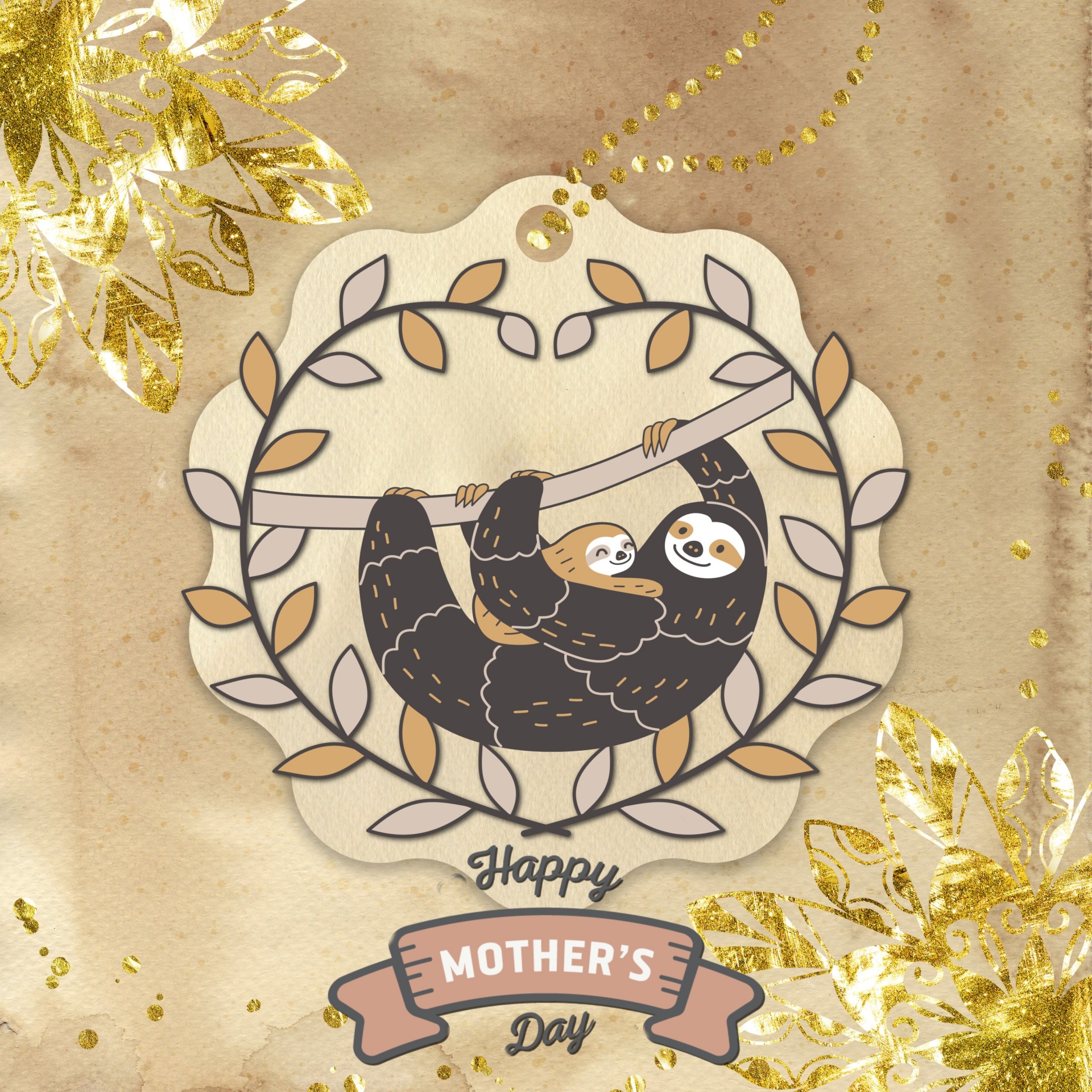 vintage textured background with gold flower overlay and a mam sloth with her baby illustration framed by a simple wreath of leaves