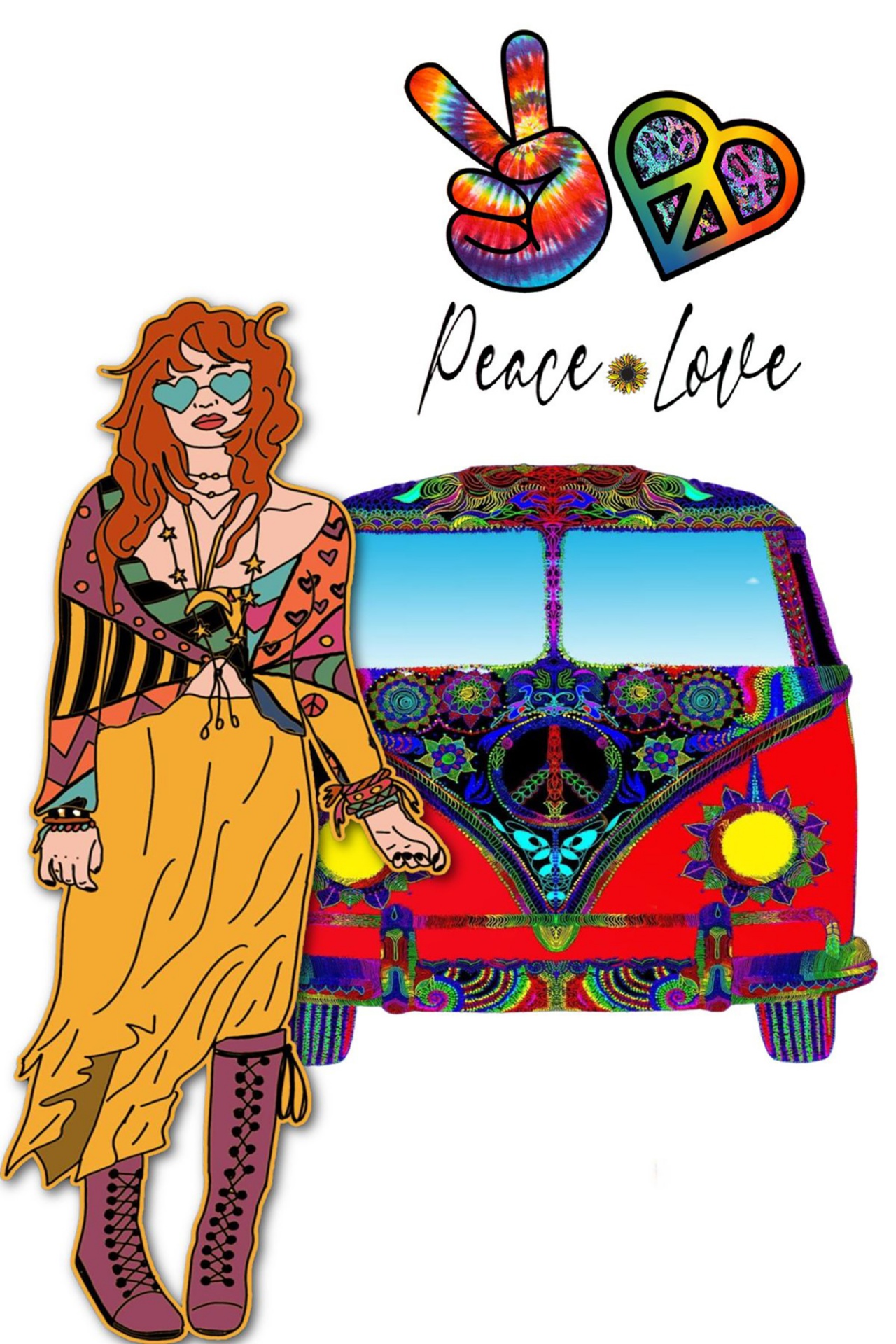 a hippie woman standing in front of a psychedelic decorated Volkswagen van with Peace Love 1980 style wording