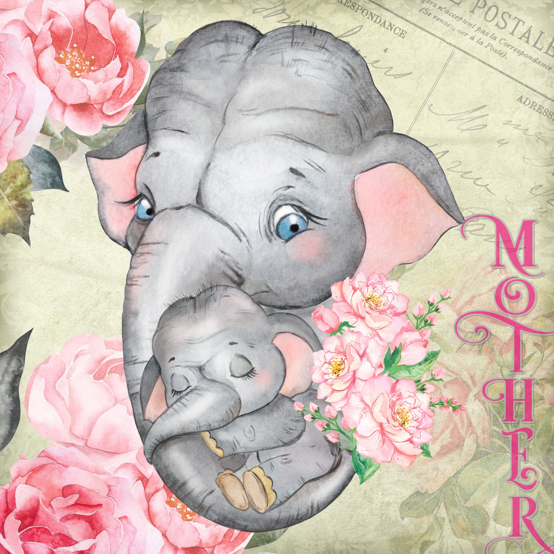 beautiful French Style vintage poster with the face of a mom elephant with her baby cradled in her trunk