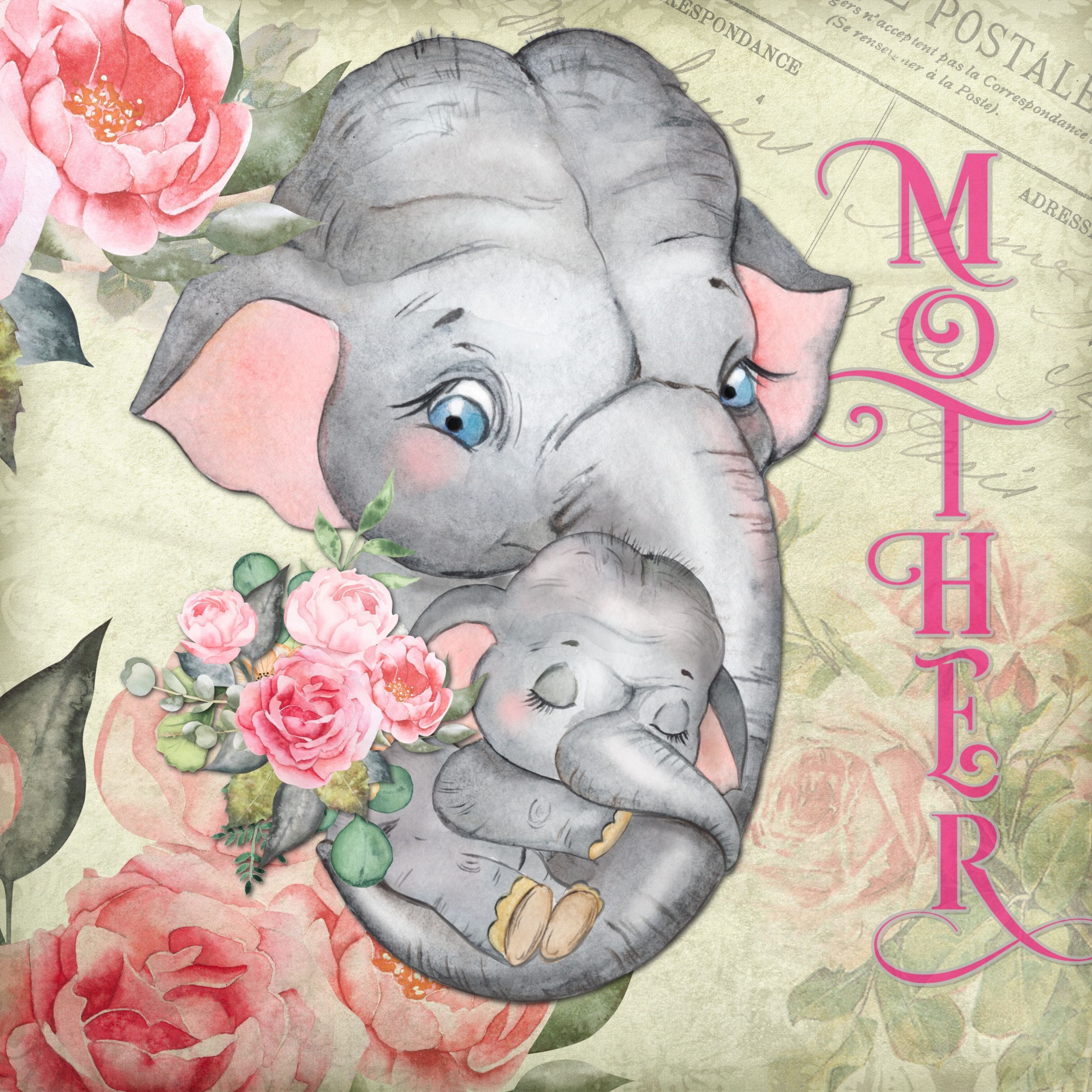 Vintage Mothers Day Elephant Poster