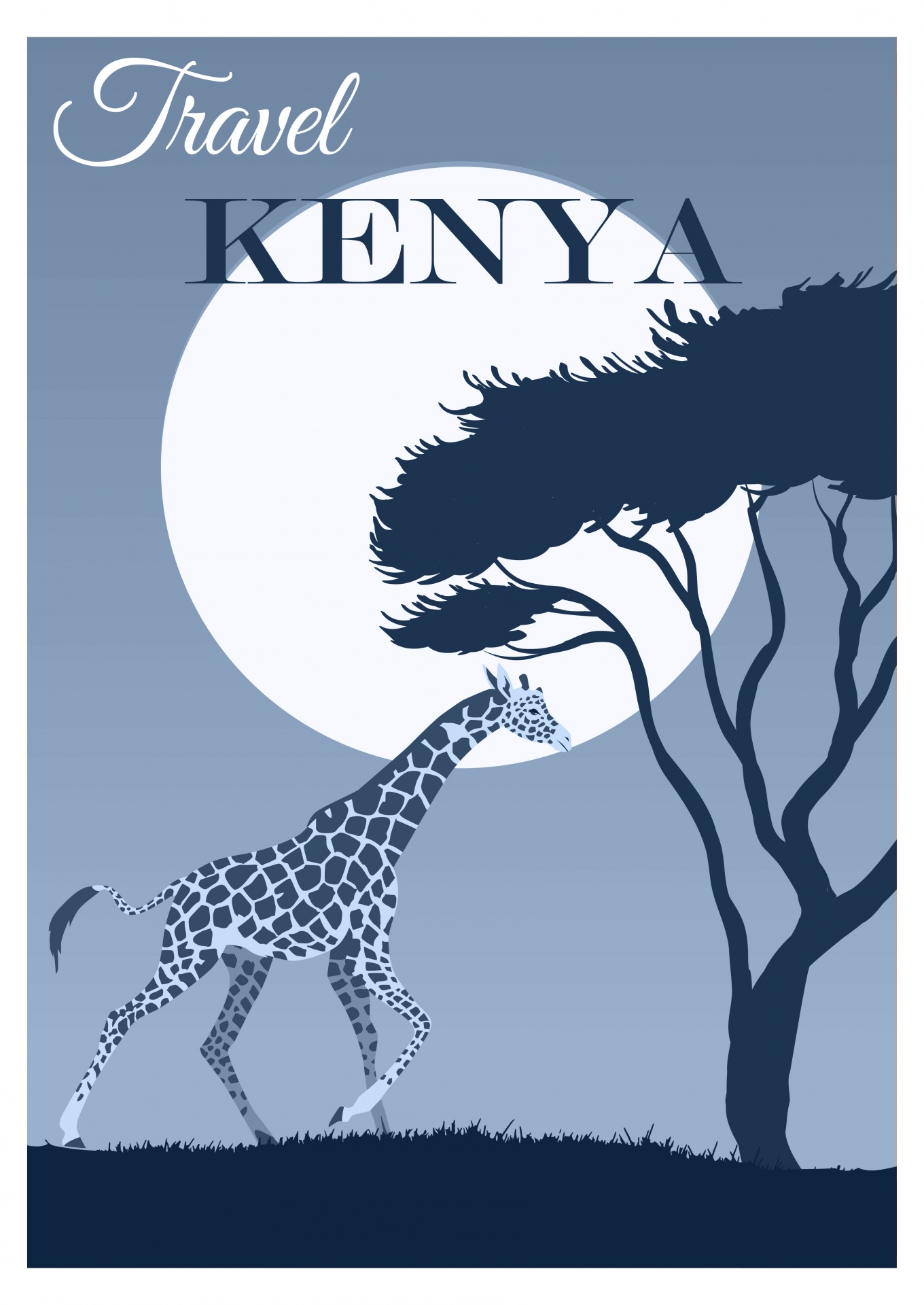 Modern retro, vintage style travel poster for Kenya, Africa with moon, giraffe and acacia tree vector digital illustration