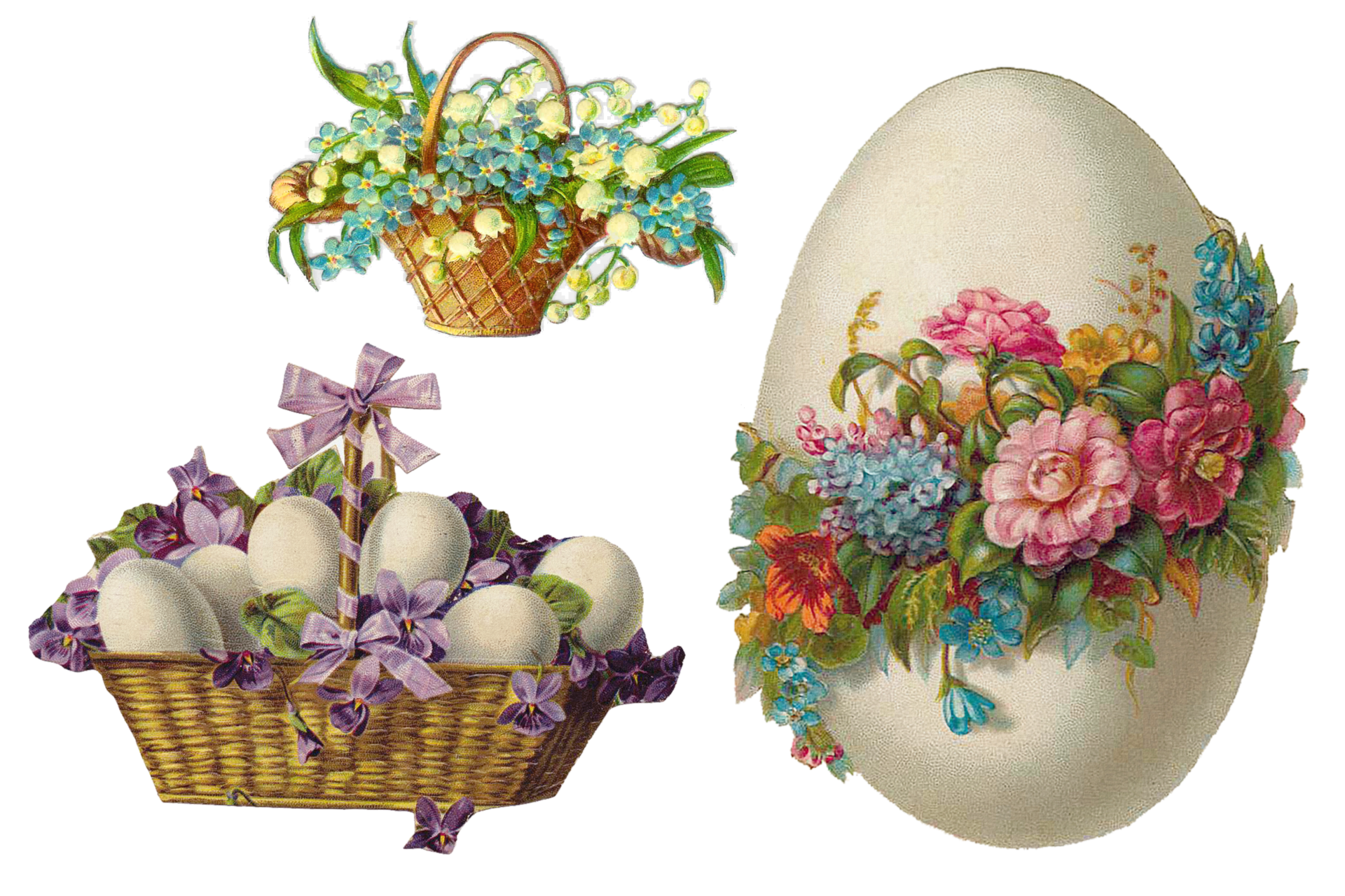 Easter egg decorated with spring flowers wreath Easter basket collage with vintage motifs transparent background