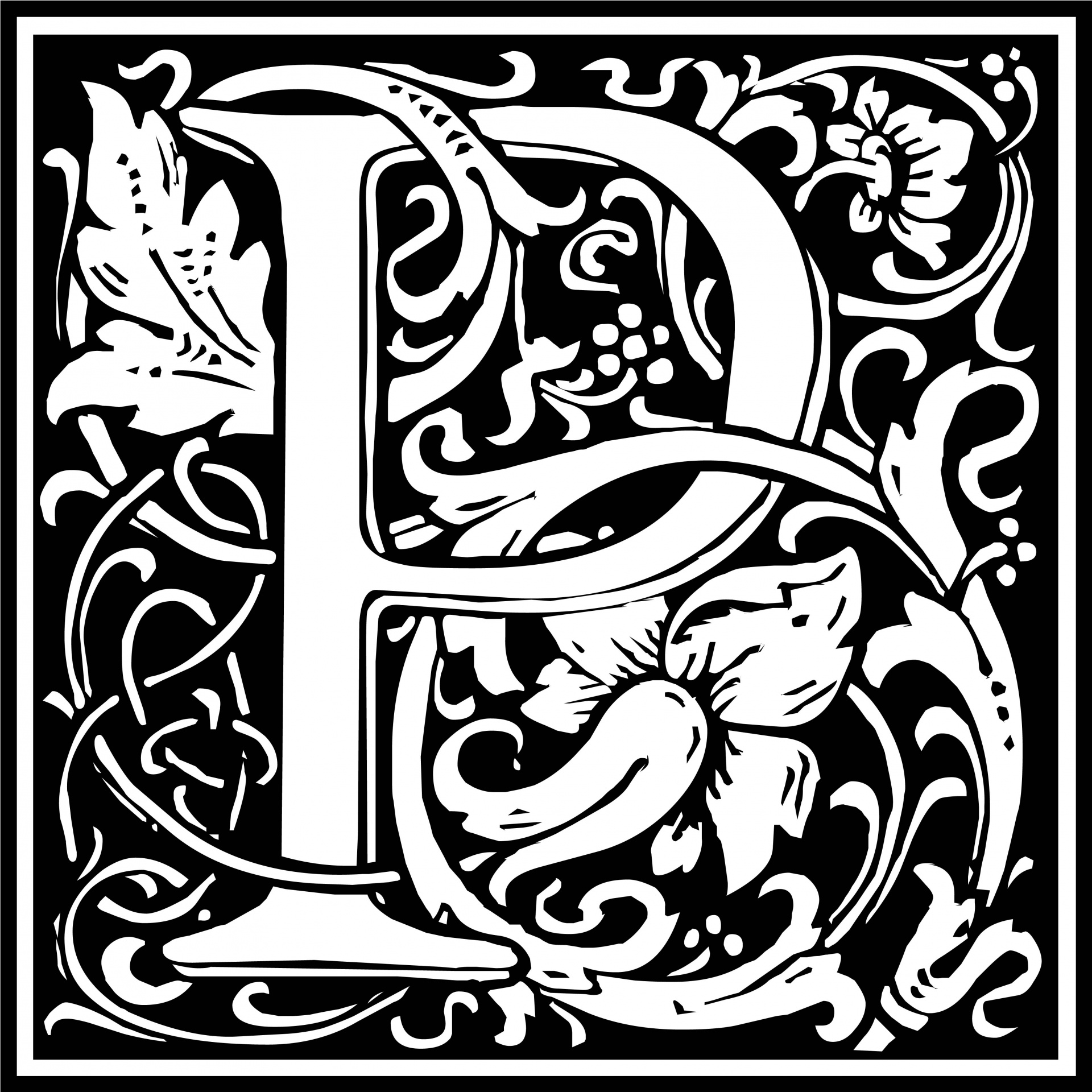 Black and white vector illustration of a retro, vintage style, floral alphabet letter initial P, after William Morris. Perfect for scrapbooking and other projects