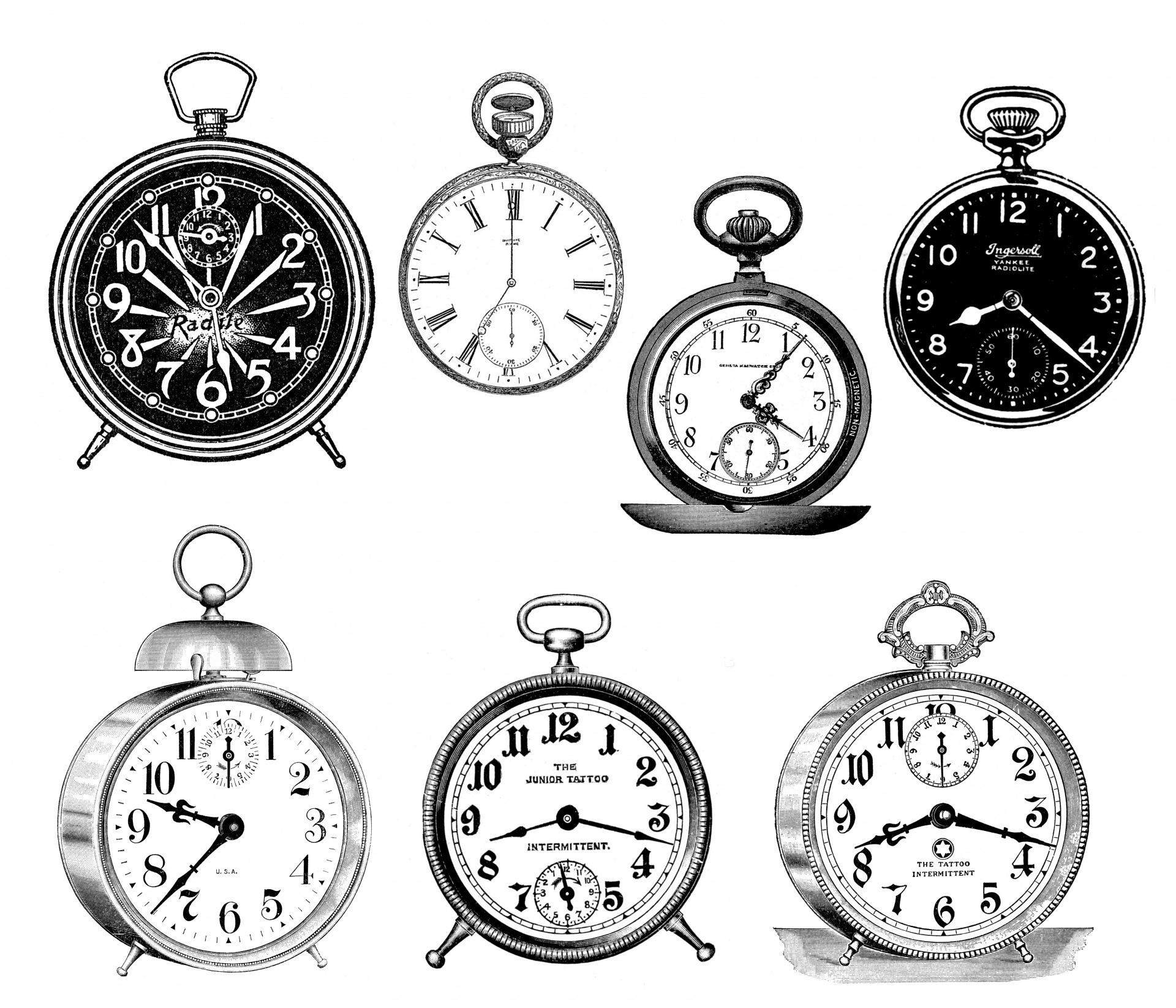 Clocks old vintage illustration collage of several graphics clipart
