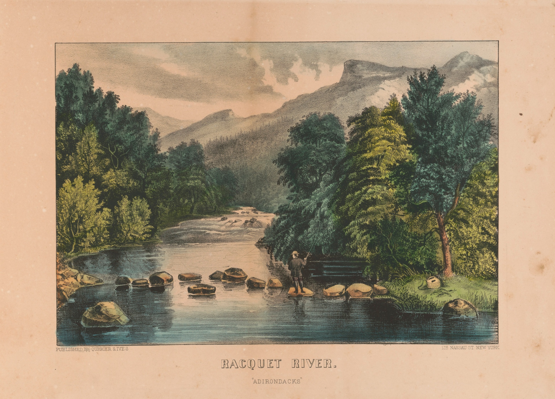 Vintage, antique art painting of Racquet River, Adirondacks, New York, America, poster, print