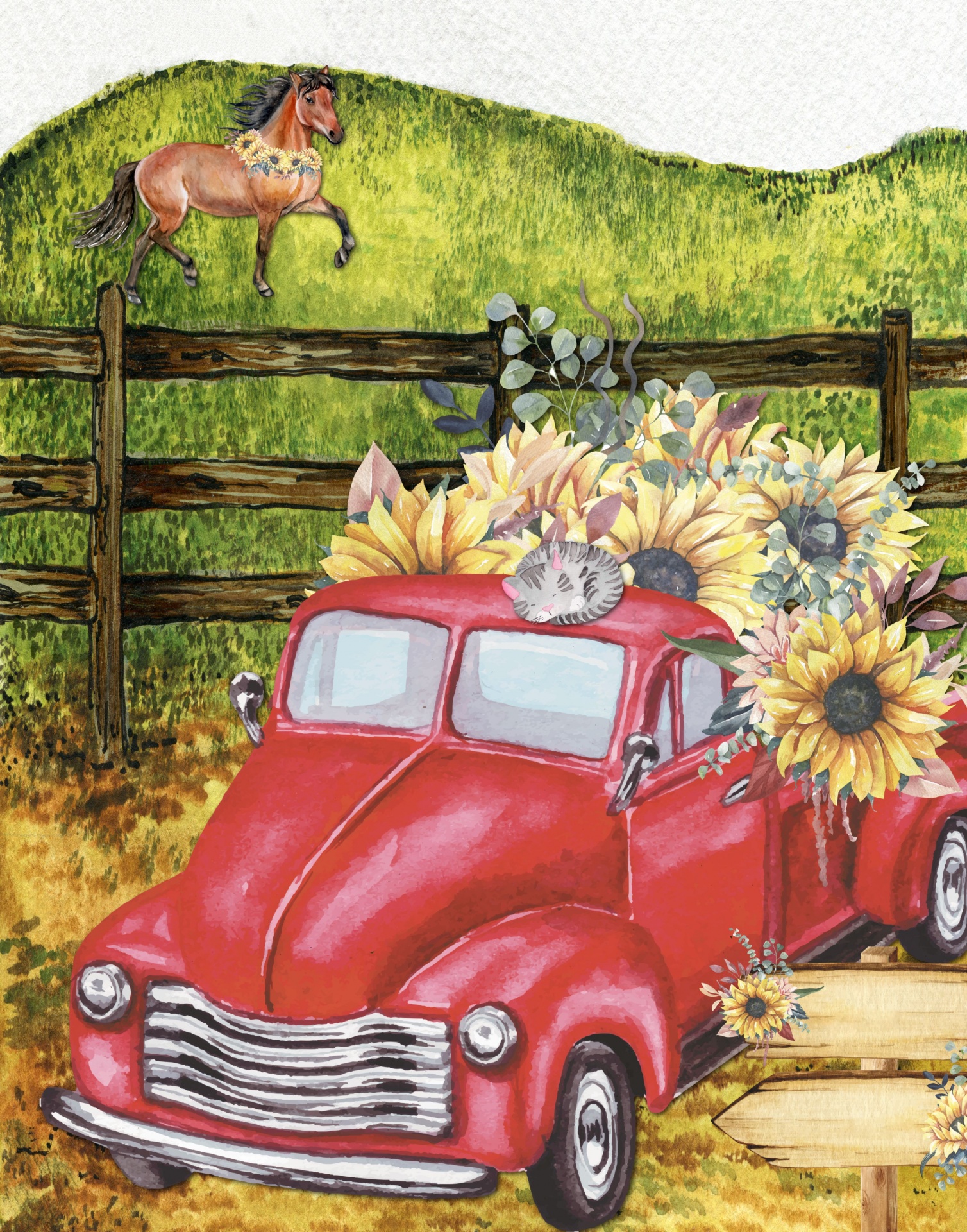 Sunflower Truck And Horse Poster