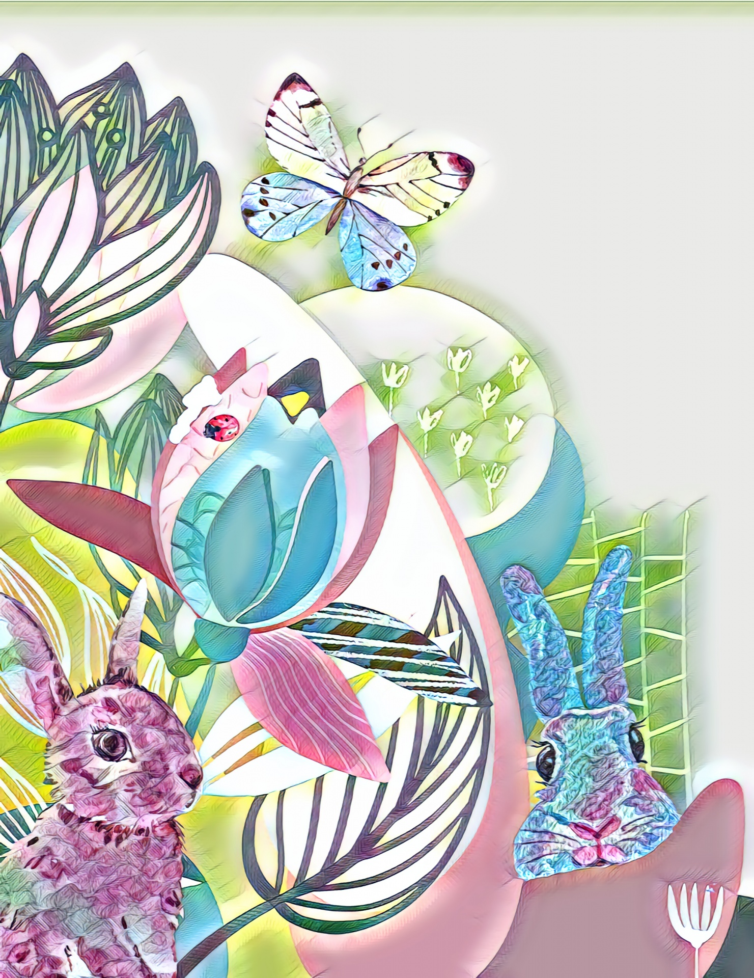 contemporary art illustration of bunnies a butterfly, and flowers