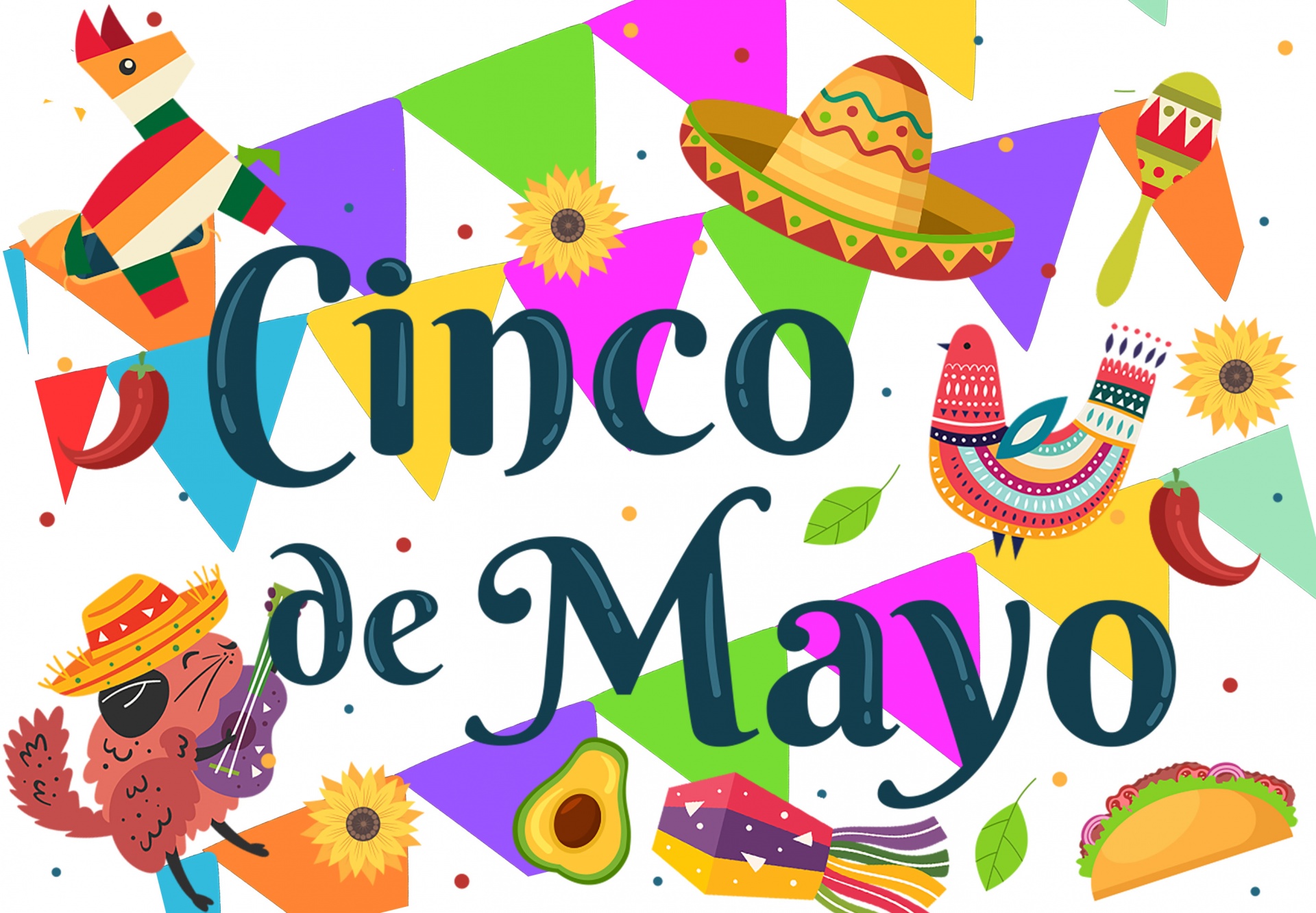 colorful poster featuring various icons for Cinco de Mayo
