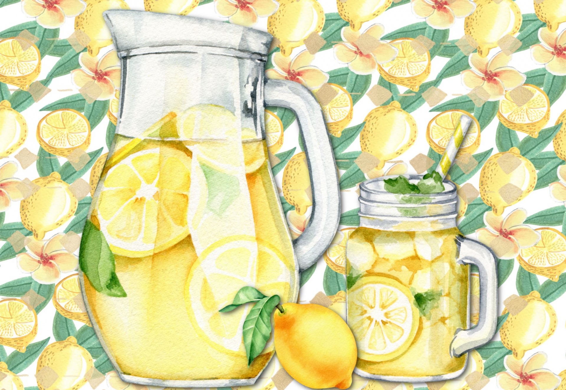 lemon with a pitcher of lemon aid and a glass of lemon aid on a background of lemons