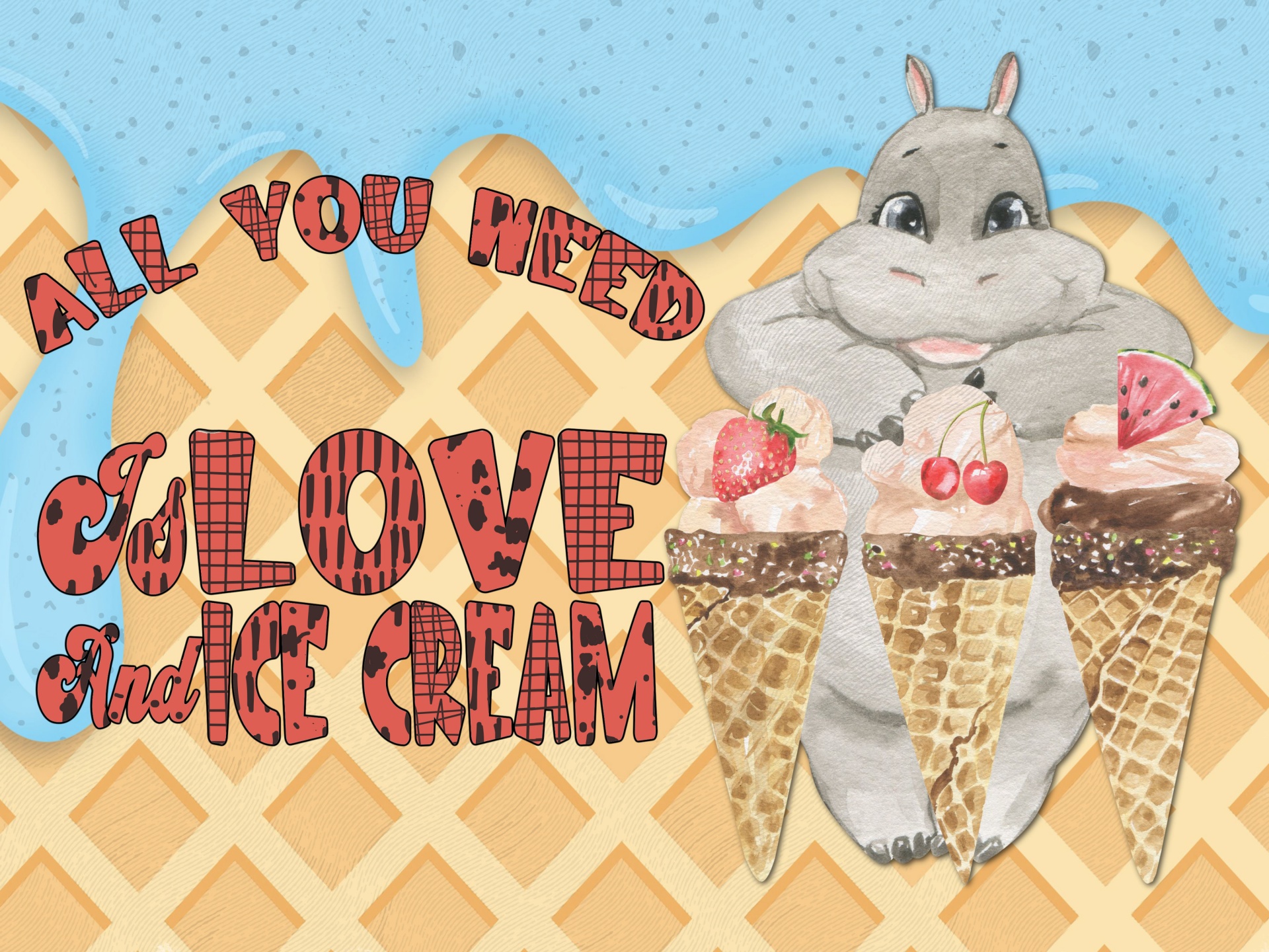darling hippo character with Ice Cream Cones