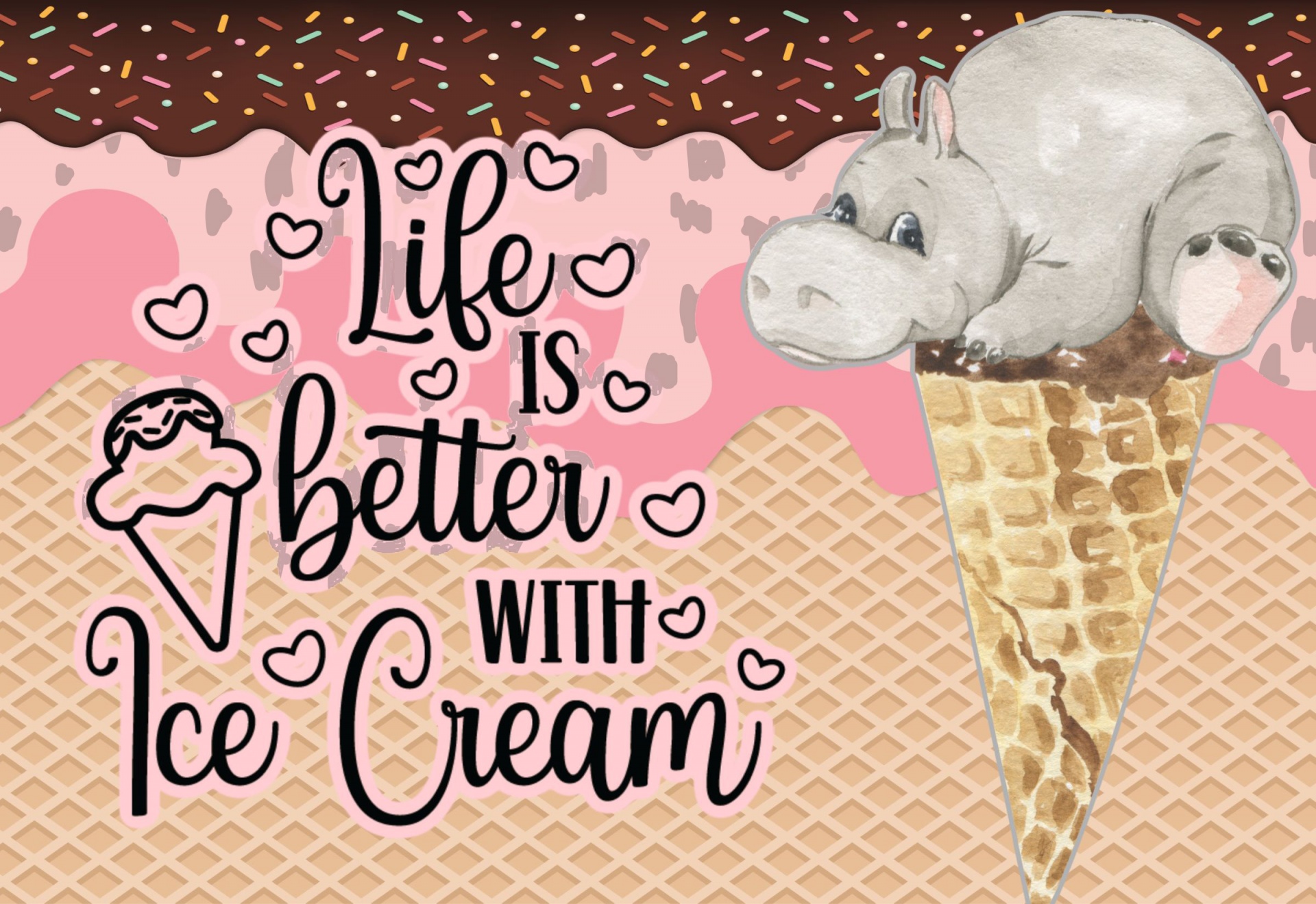 cute darling hippo on top of an ice cream cone
