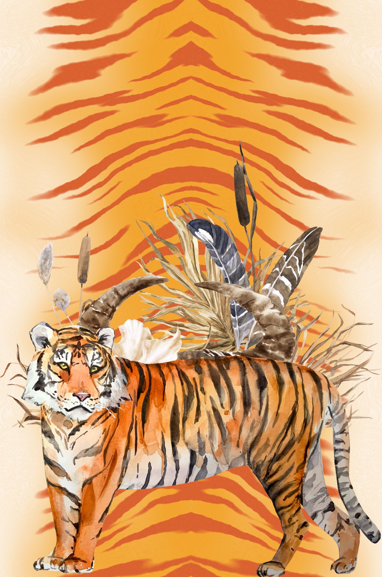 beautiful majestic tiger on tiger pattern background