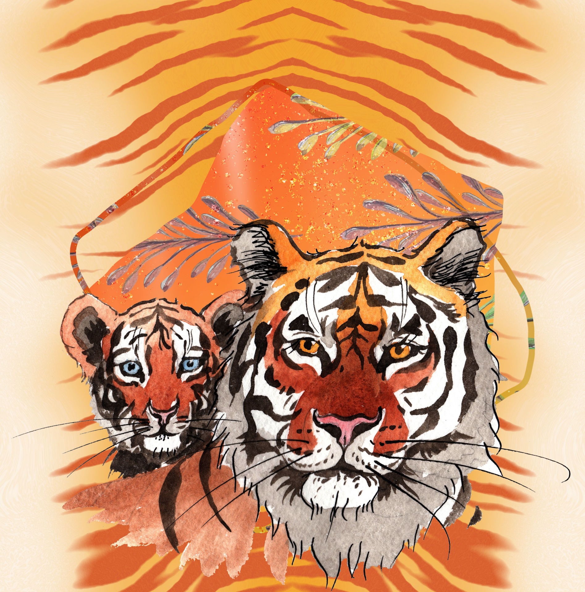 beautiful majestic tiger on tigress and her cub on a tiger pattern background