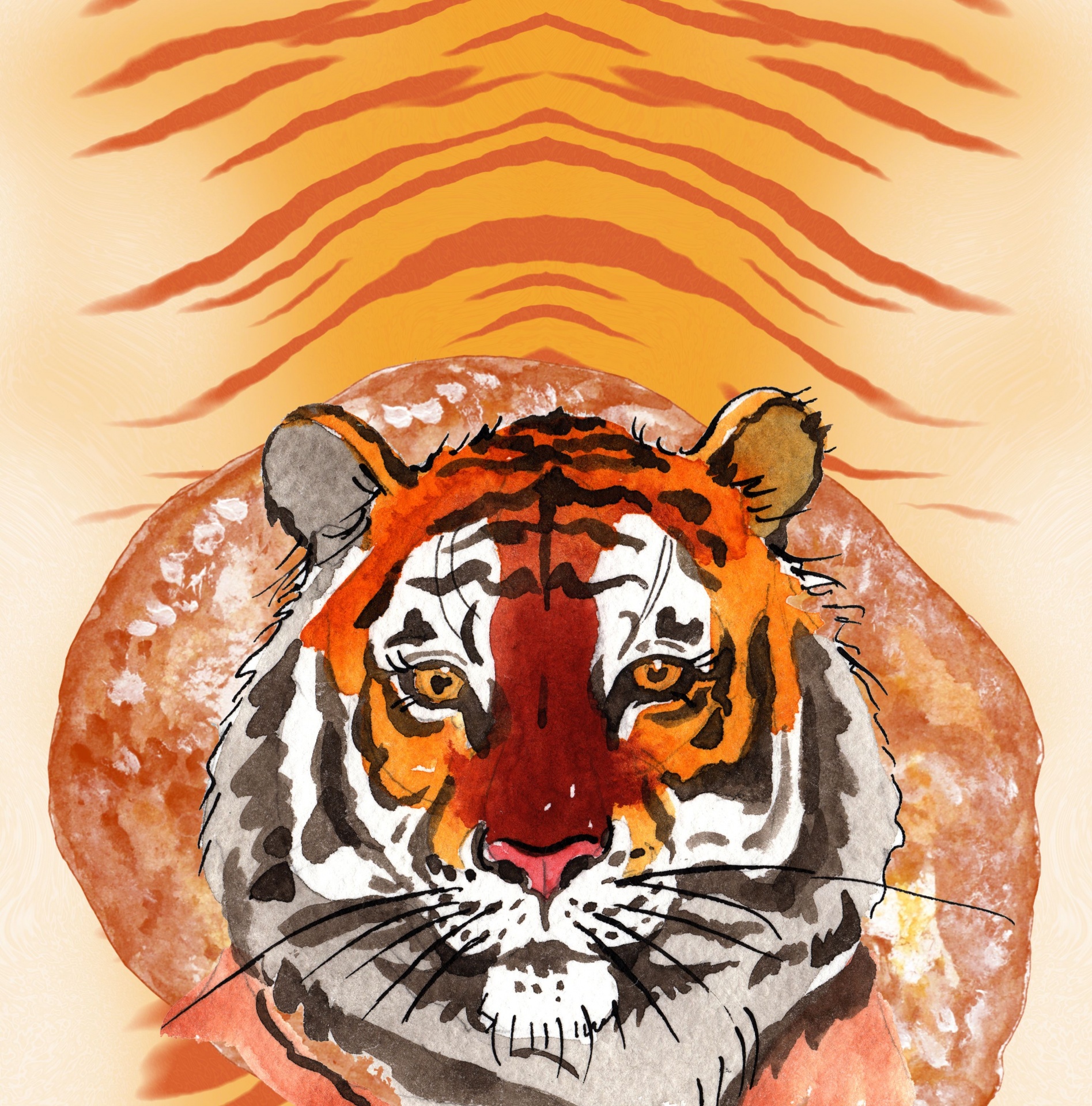 face of a beautiful majestic tiger on tiger pattern background