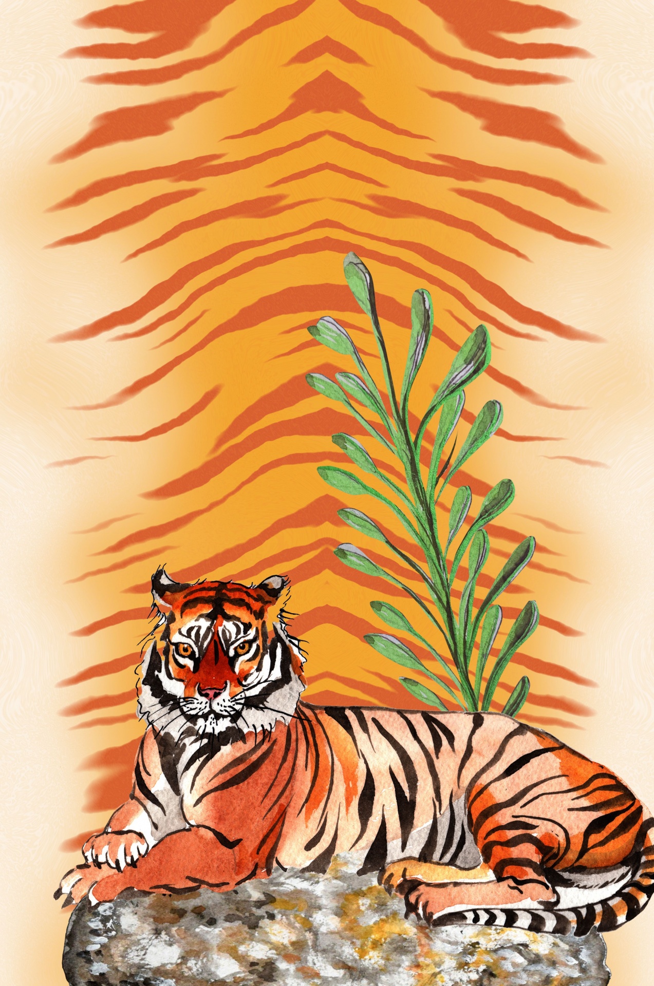 a beautiful majestic tiger on tiger pattern background
