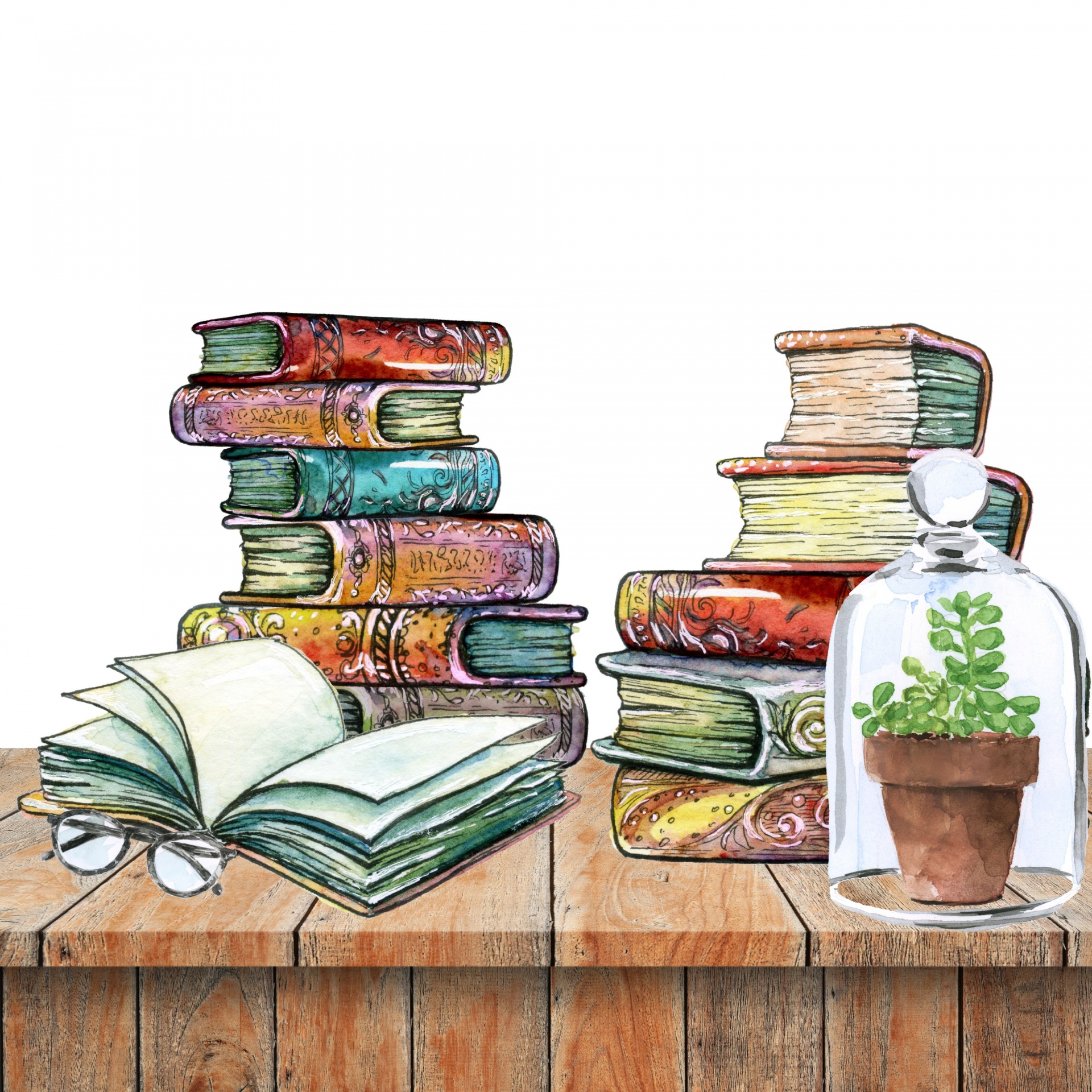 beautiful books piled on a wooden table with a a small terrarium and glasses