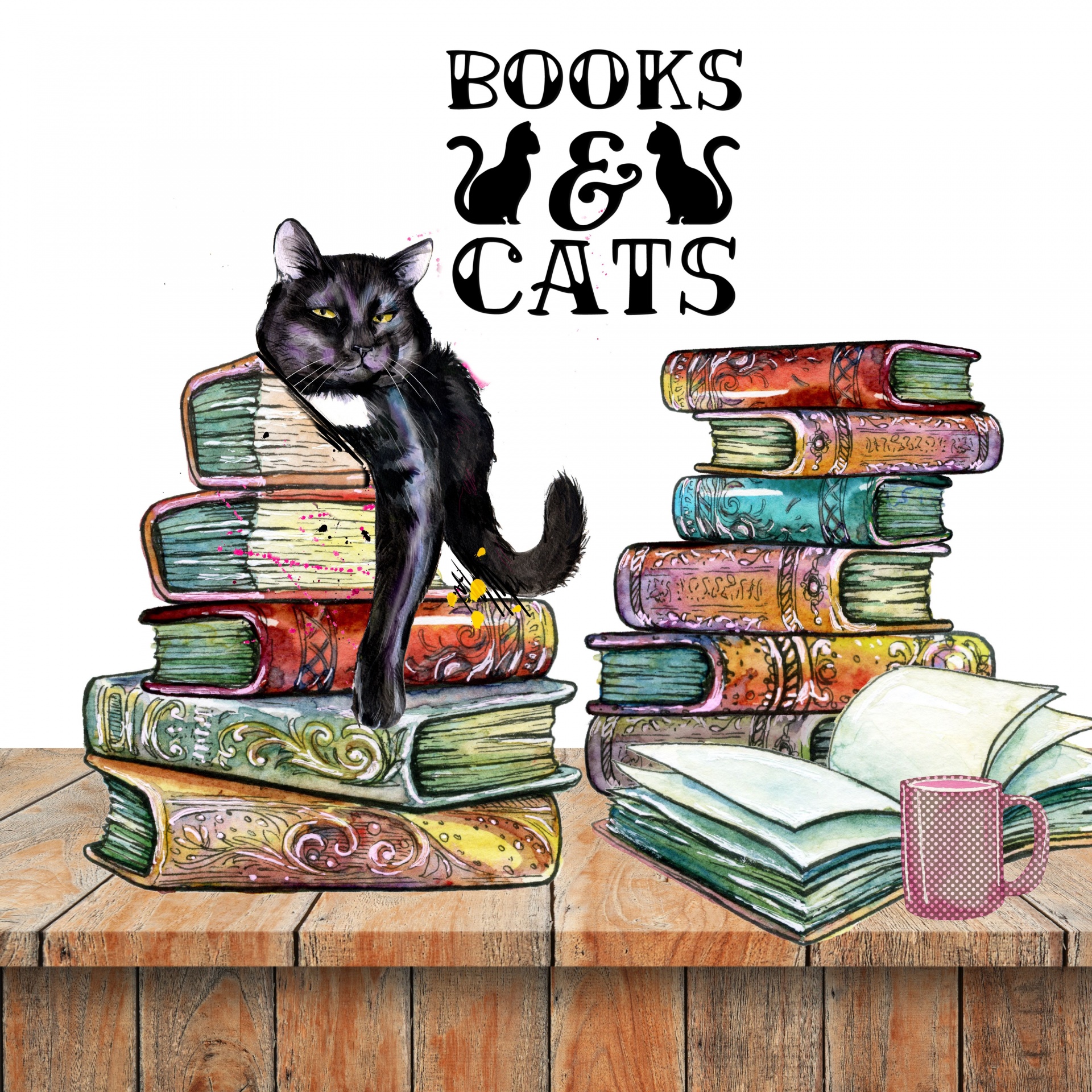 beautiful books piled on a wooden table with a cat and coffee mug