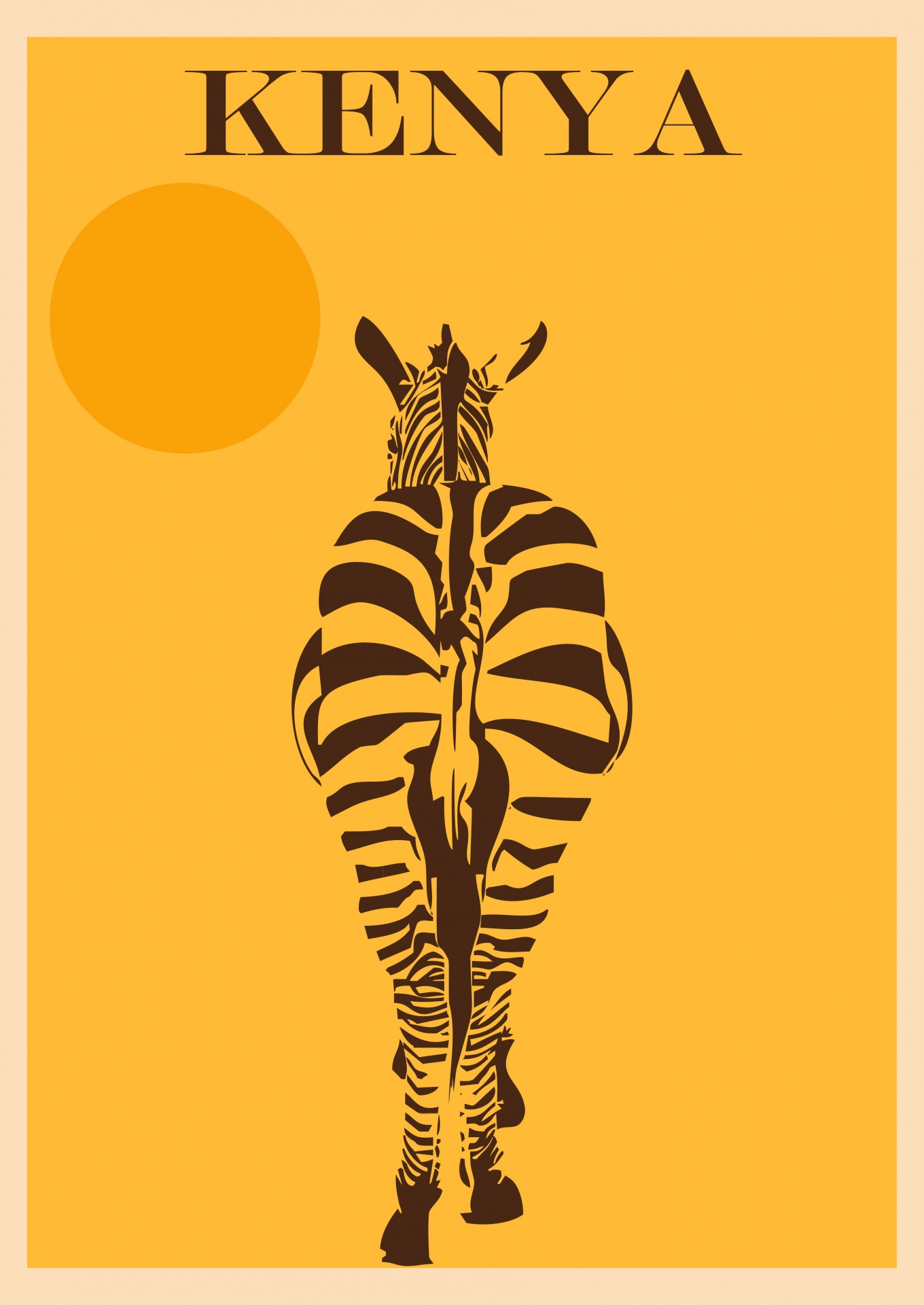 Retro, vintage style modern travel poster for Kenya, Africa vector digital illustration with zebra at sunset