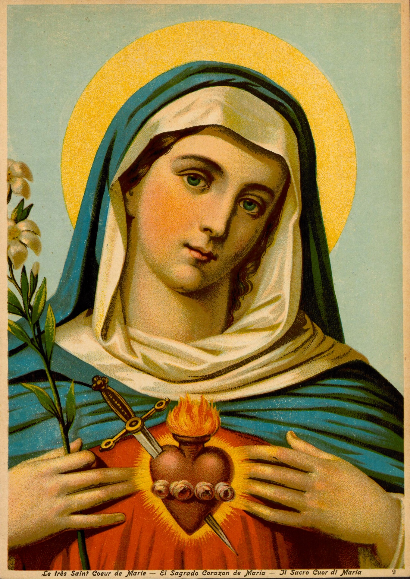 Vintage art illustration of Sagrado Coração de Maria, Immaculate Heart of Mary, the mother of Jesus holding a red heart