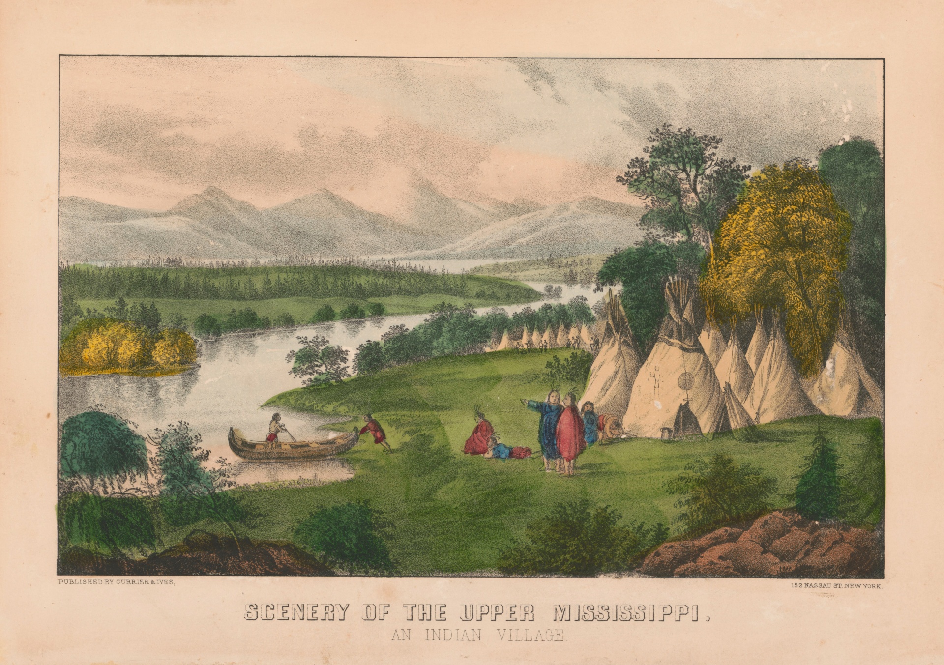 Vintage, antique art painting of Mississippi showing native indian village, people, wigwams and river, America, poster, print