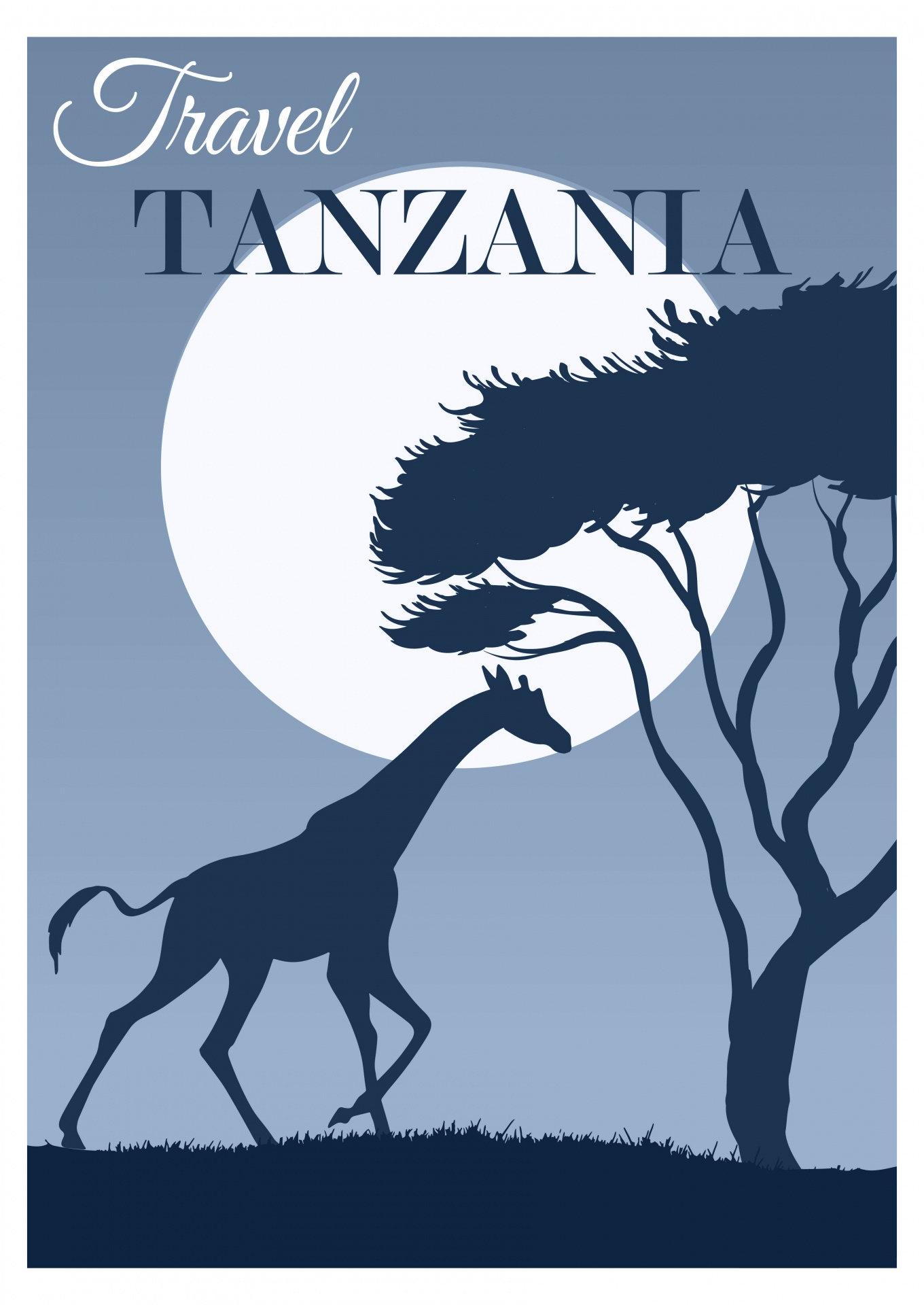 Modern retro, vintage style travel poster for Tanzania, Africa with moon, giraffe running silhouette and acacia tree vector digital illustration