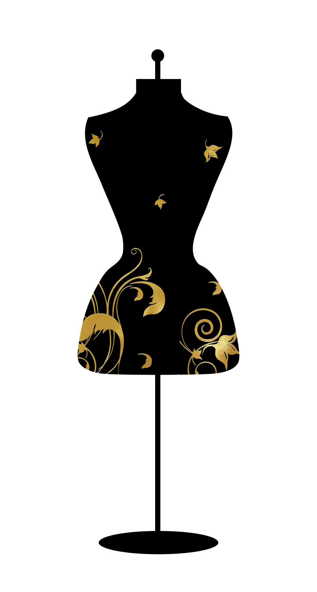 Retro vintage art illustration of a floral, leaves dress form, in black and gold, mannequin, taylors dummy, dressmakers dummy, cut out on transparent png background