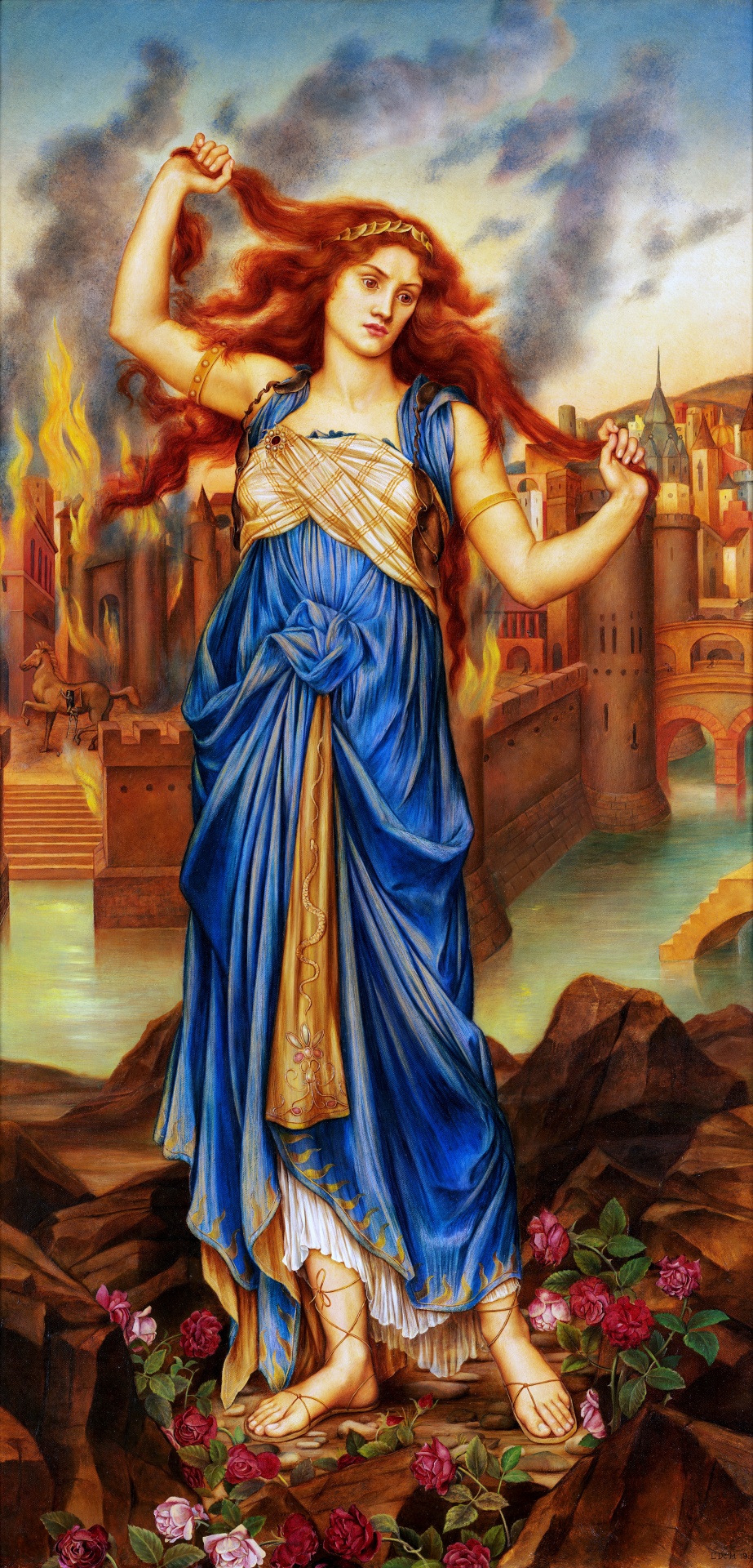 Vintage art painting by artist Evelyn de Morgan entitled Cassandra who in greek legend was loved by apollo but she rejected him