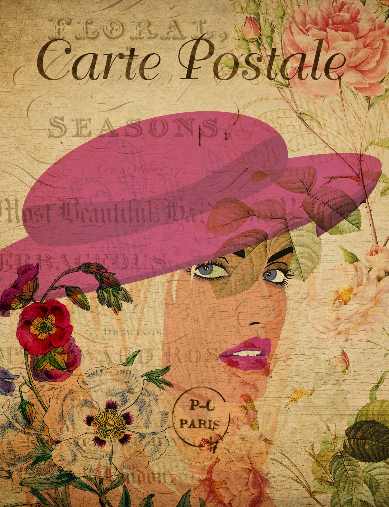 Woman French Floral Postcard