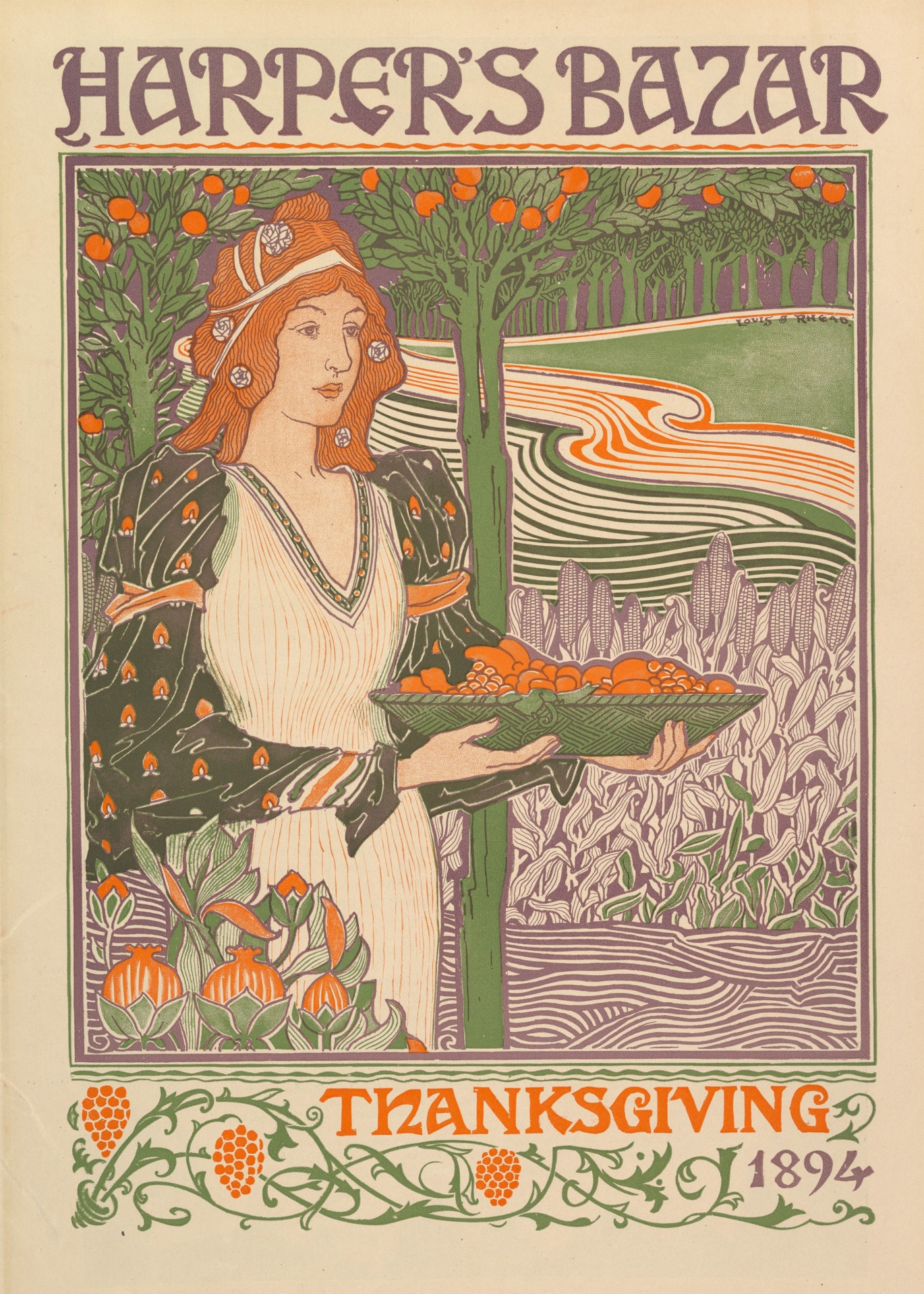 Vintage art nouveau woman in autumn garden celebrating thanksgiving day, poster advert for magazine, colorful illustration