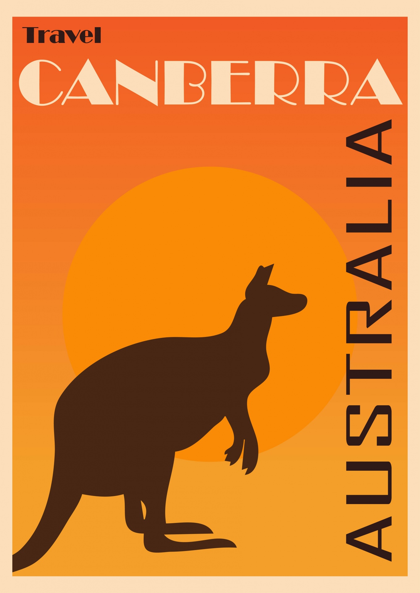 Retro, vintage style yet modern and fresh travel poster for Canberra, Australia with orange sunset and kangaroo silhouette