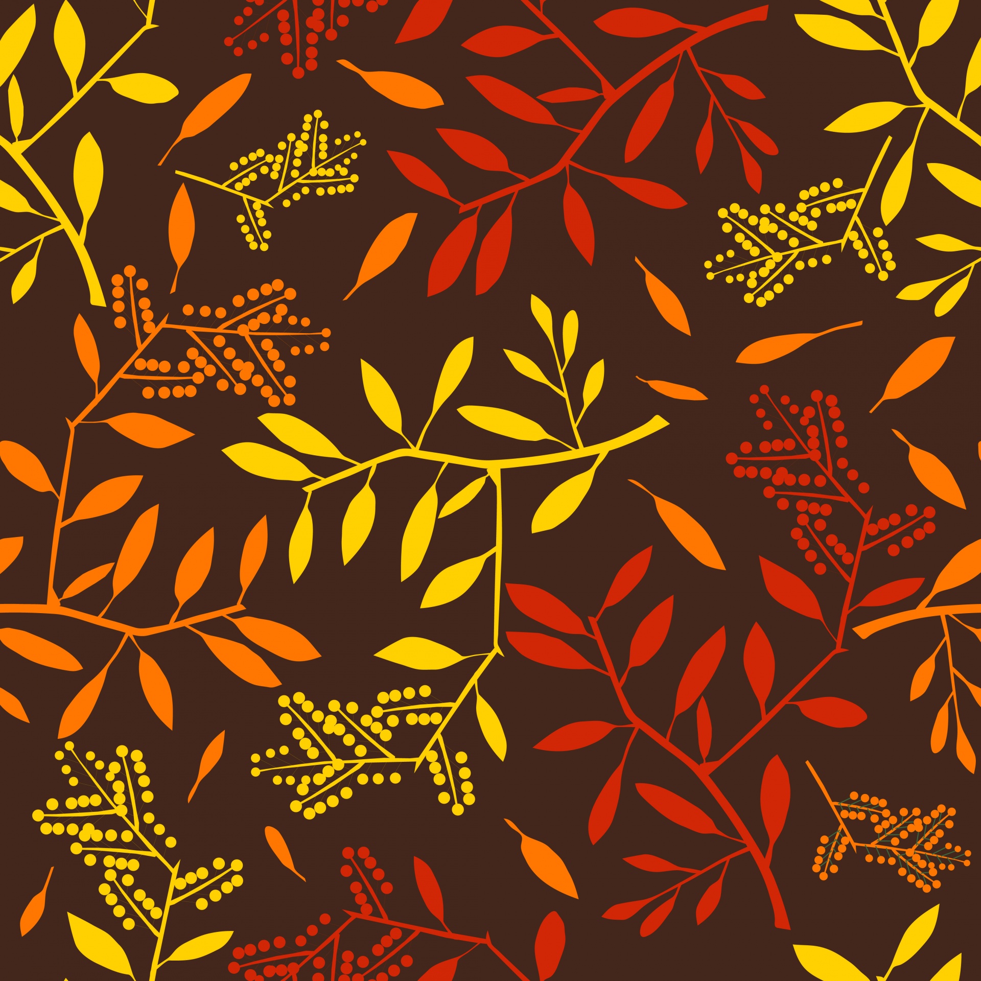 Autumn, fall leaves in orange, red and yellow with berries seamless, repeating pattern background wallpaper vector art illustration on dark brown background