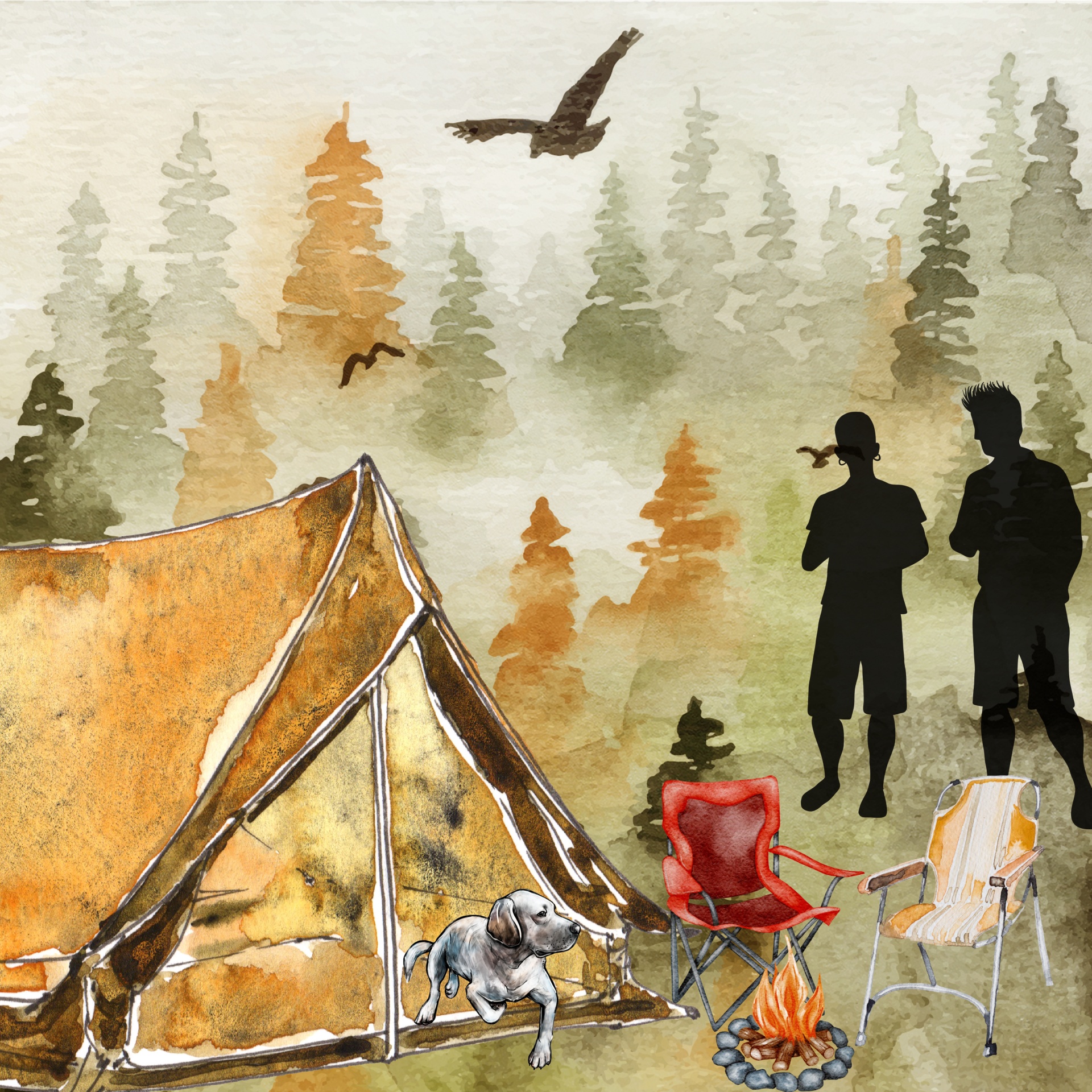 watercolor tent camp in forest with a dog and silhouette of two boys