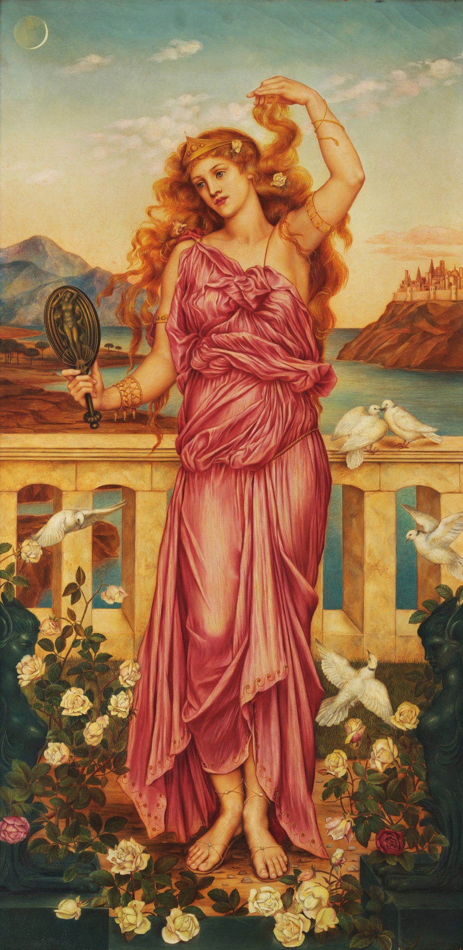 Evelyn de Morgan Vintage Art Painting Beautiful Woman Helen of Troy in the Rose Garden HD Art Print Poster Public Domain