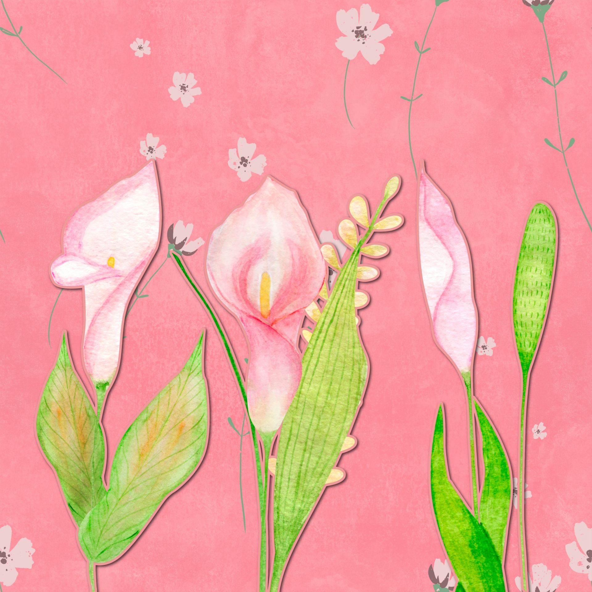 pretty pink calla lilies on pink textured floral background