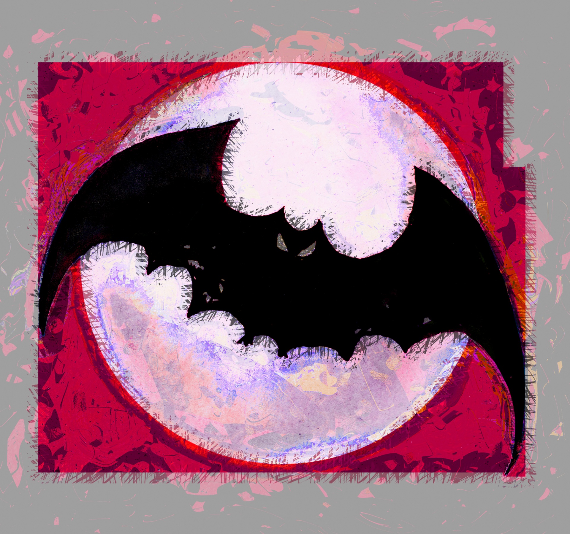 grunge illustration of a full moon with a bat in the center