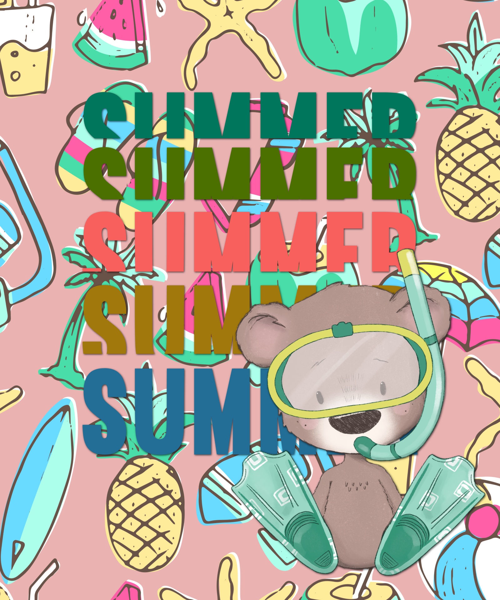 stacked SUMMER words on a background of summer themed icons with a cute bear wearing fins and a mask