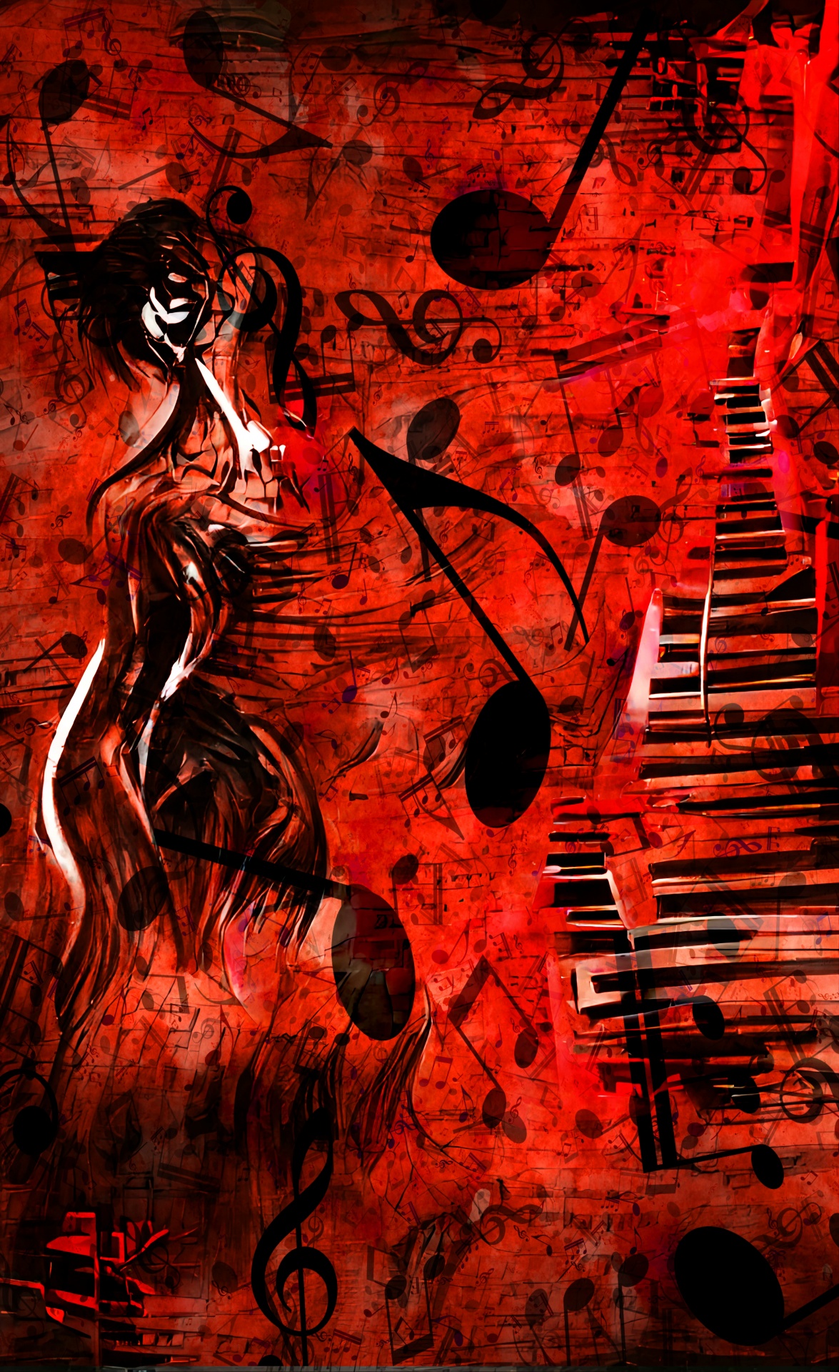 red and black contemporary art of piano keys and a musician with notes overlay