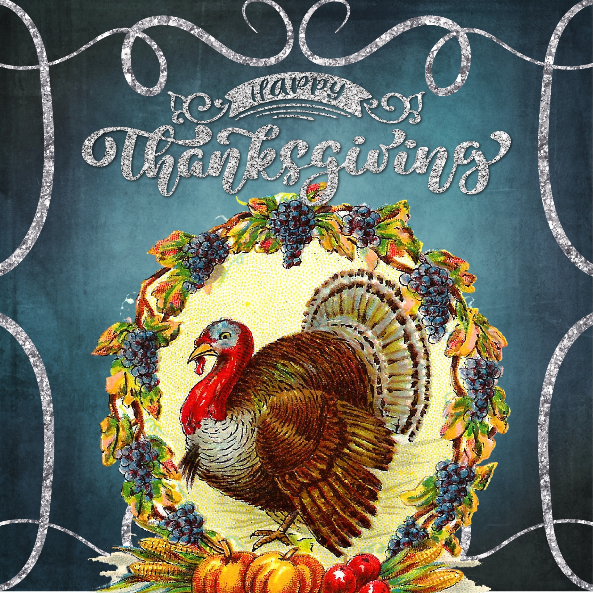 vintage illustration of a turkey framed within a grape wreath on blue antique background design and HAPPY THANKSGIVING words