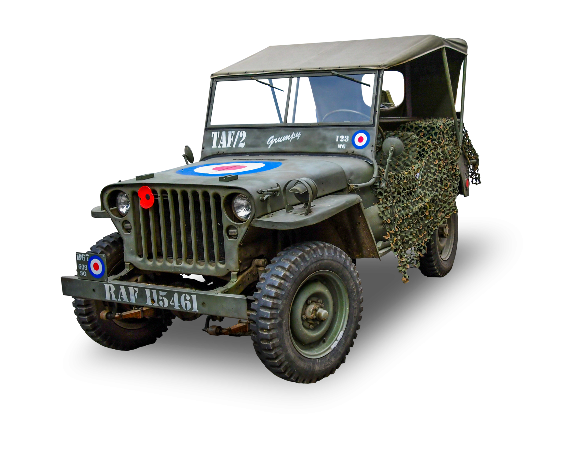 An old military jeep Willy used during the 2nd world war cut out and on transparent background