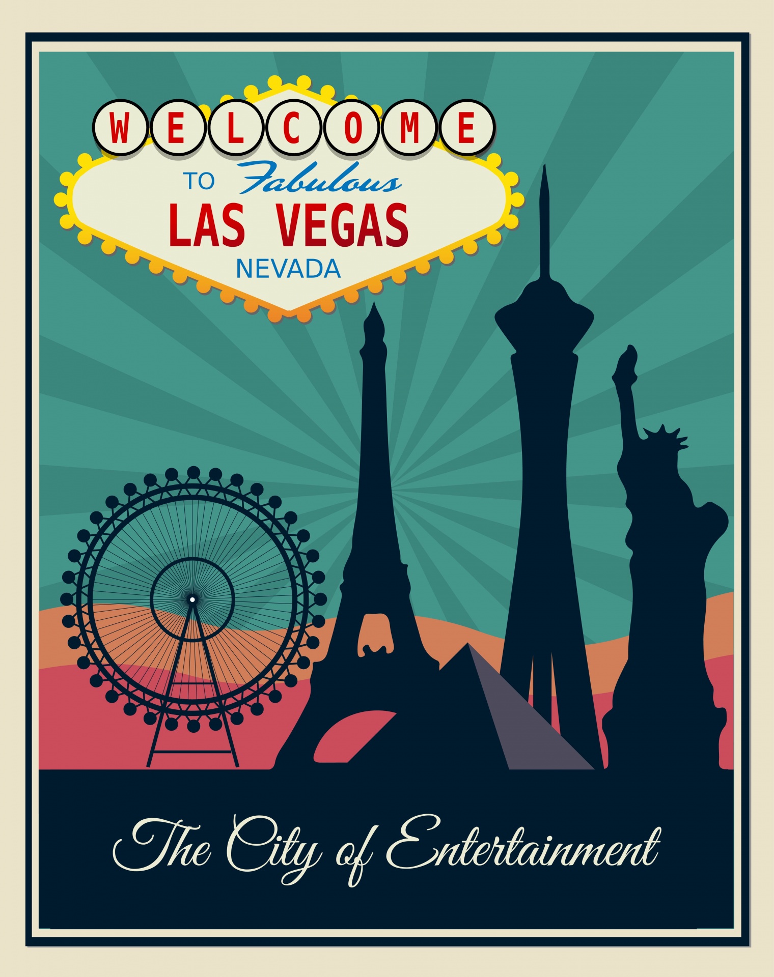 Modern vector illustration in retro, vintage style of a travel poster for Las Vegas, Nevada, USA, with famous welcome sign and city silhouette with eiffel tower, pryamids, statue of liberty