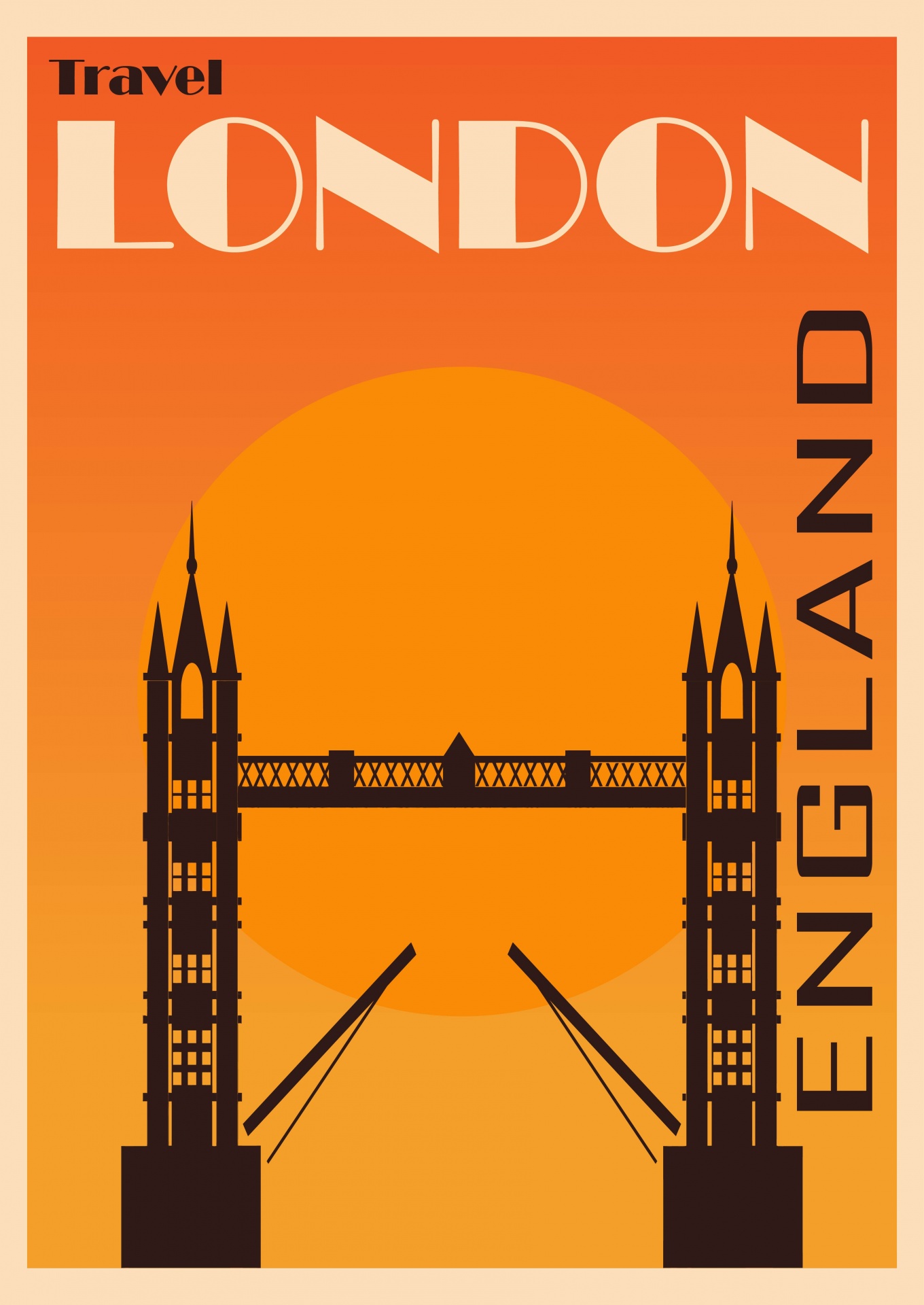 Retro, vintage style yet modern and fresh travel poster for London, England, at sunset with silhouette of tower bridge