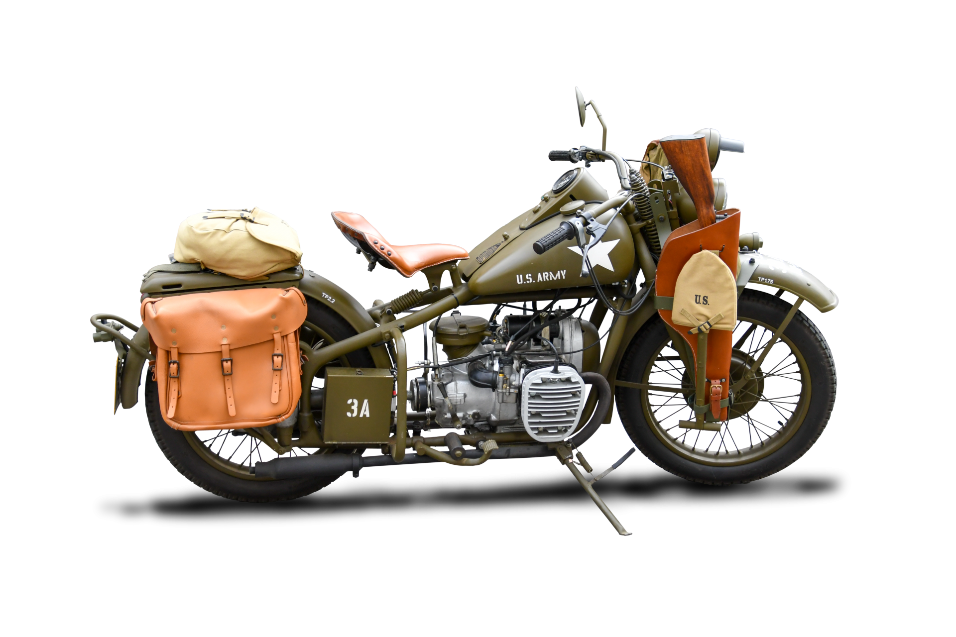 An antique army motorcycle on transparent background used at the end of the 2nd world war