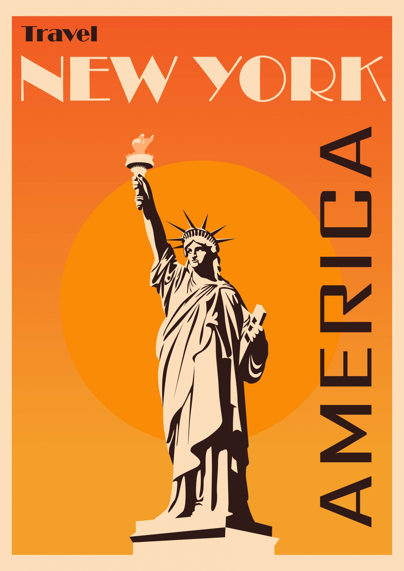 Retro, vintage style yet modern and fresh travel poster for New York, America, USA at sunset with silhouette of statue of liberty