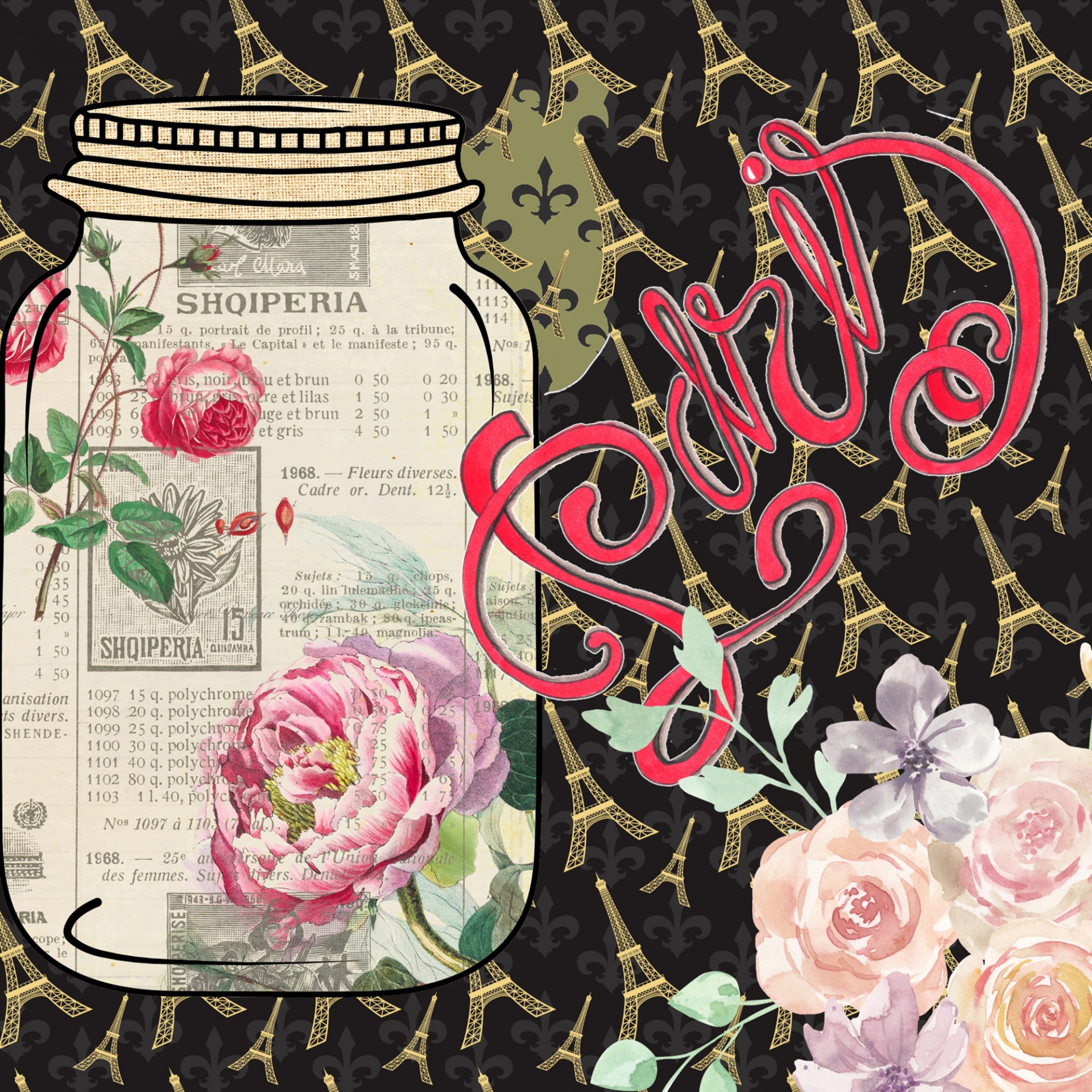 black background with Eiffel Tower pattern with an overlay of a jar filled with vintage flowers and stamp catalog paper