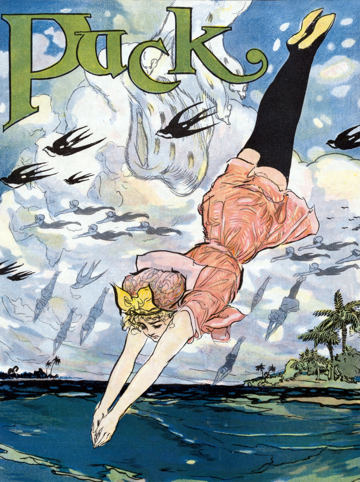 Puck Cover Illustrated Magazine Woman Jumping Into Water Swimwear Sea Vintage Art Old Public Domain